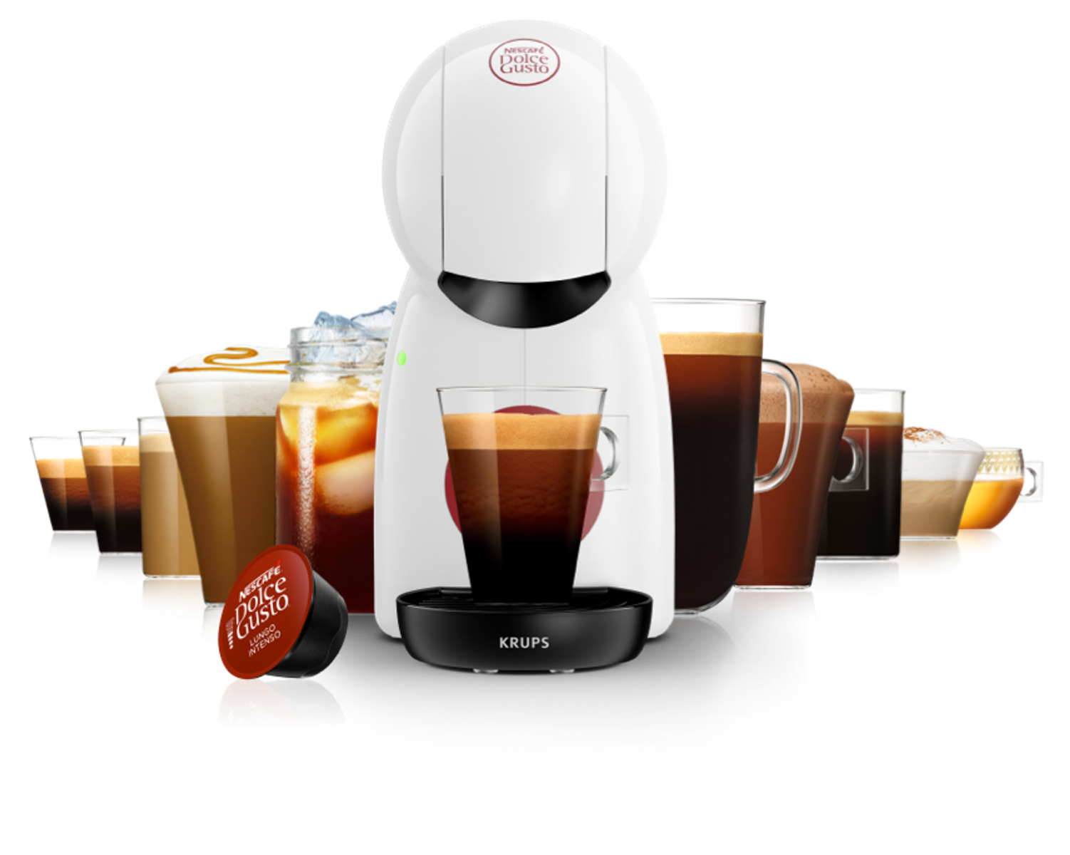 Macchina da caffè bianca con tazzine e una cialda su sfondo nero.