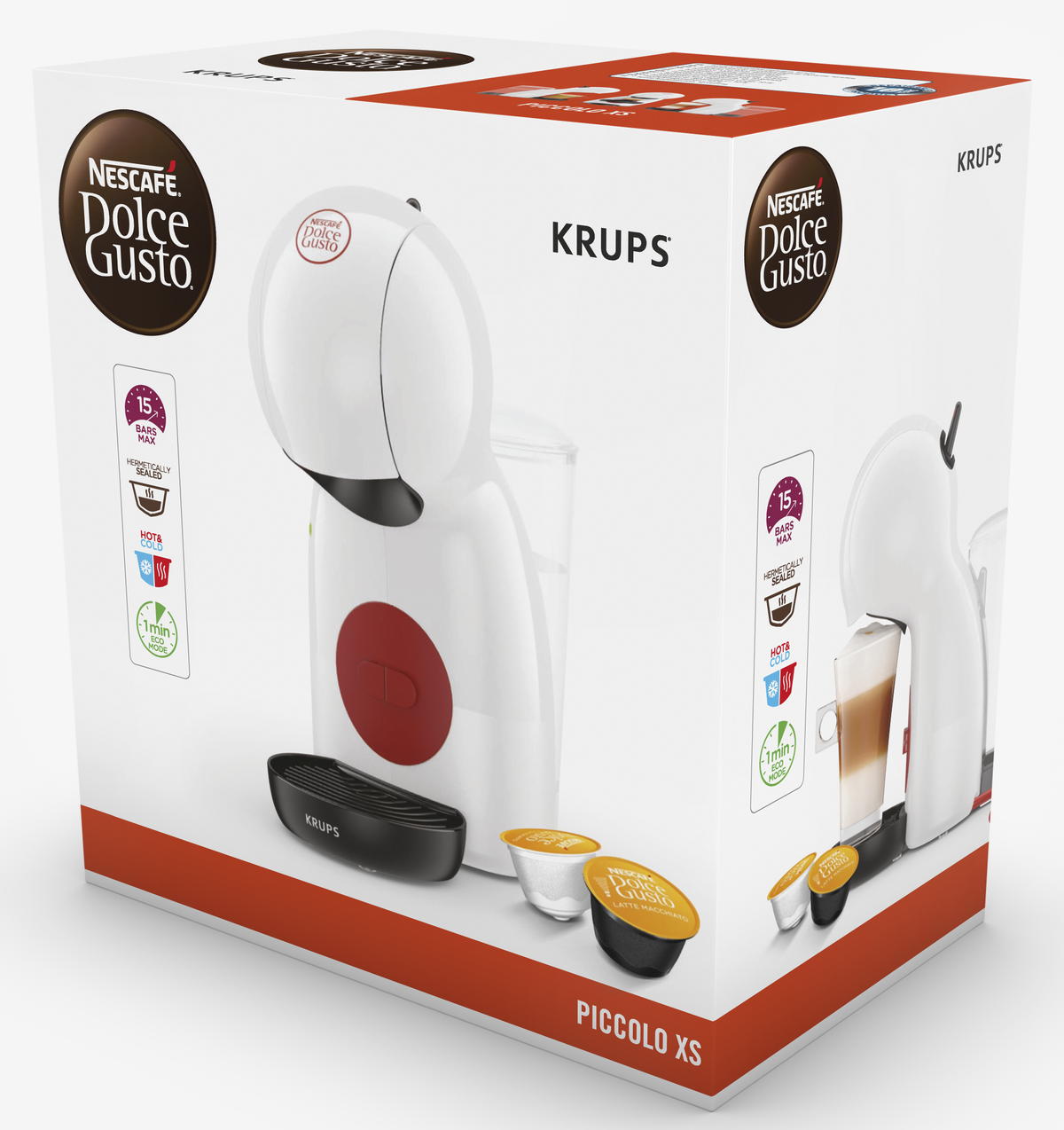 Macchina da caffè Nescafe Dolce Gusto Piccolo XS con capsule e scatola su una superficie bianca.
