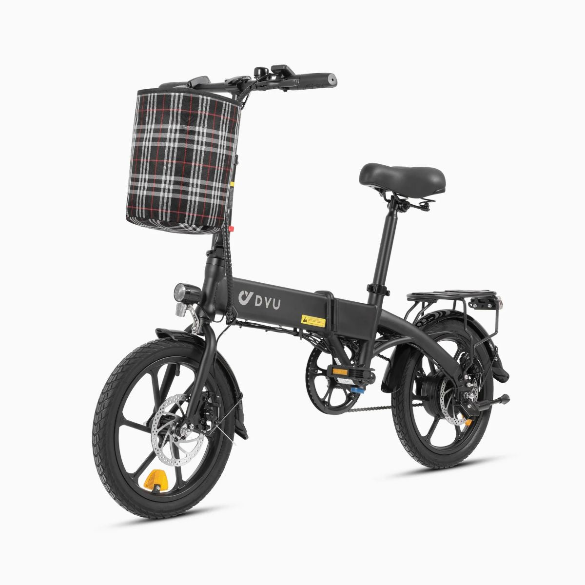 Una bicicletta elettrica nera e argento con un cestino. Ha luci e un logo DYU.