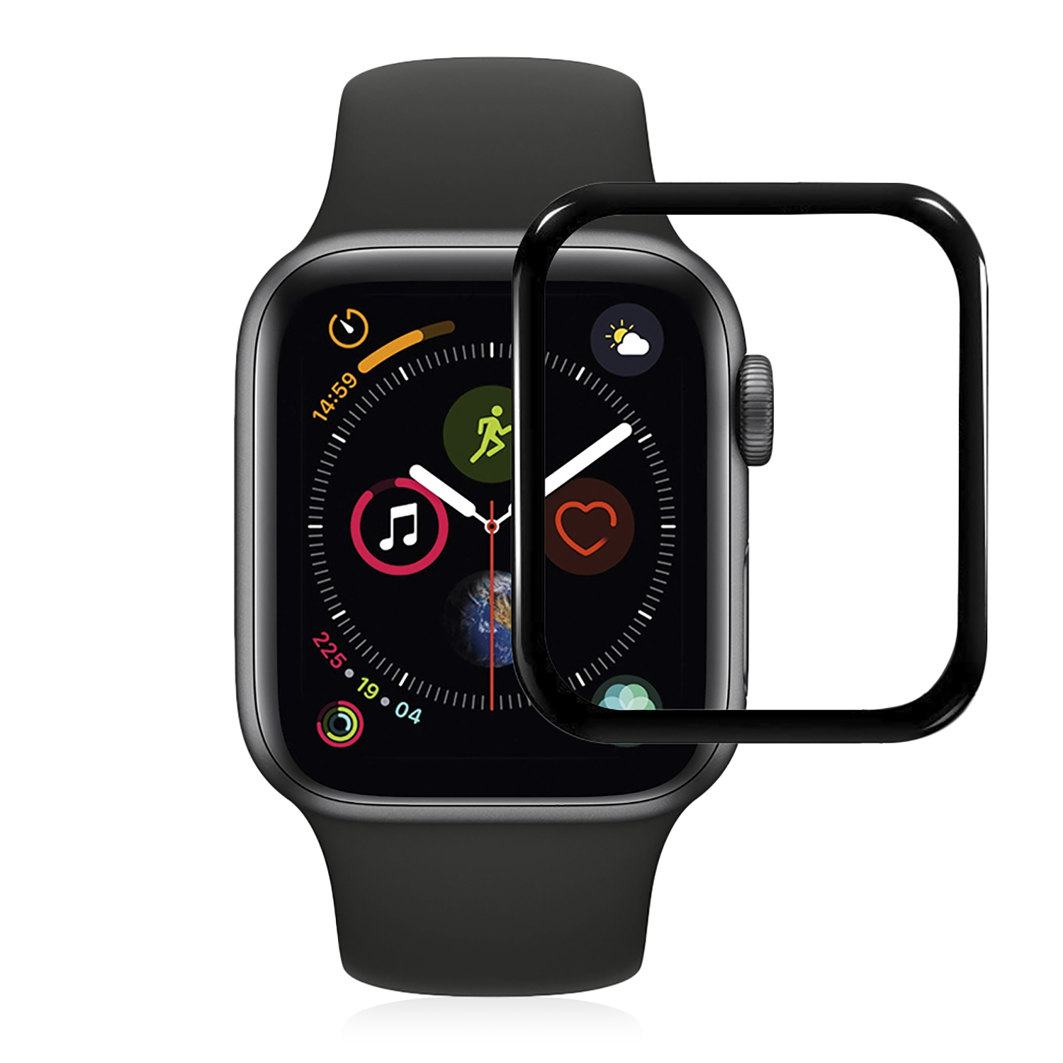 Apple Watch nera su sfondo bianco. Una protezione schermo nera è nel telaio.