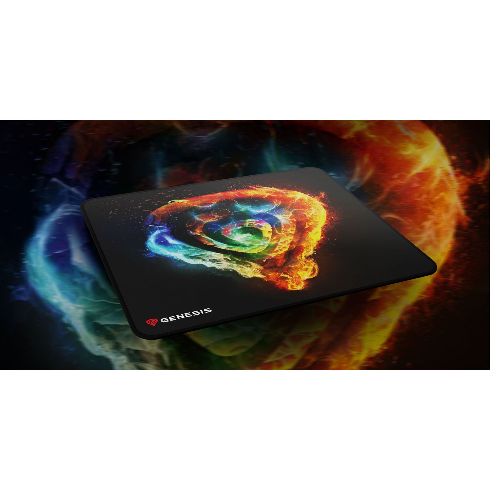 Tapis de souris noir avec un motif de cœur flamboyant et coloré.