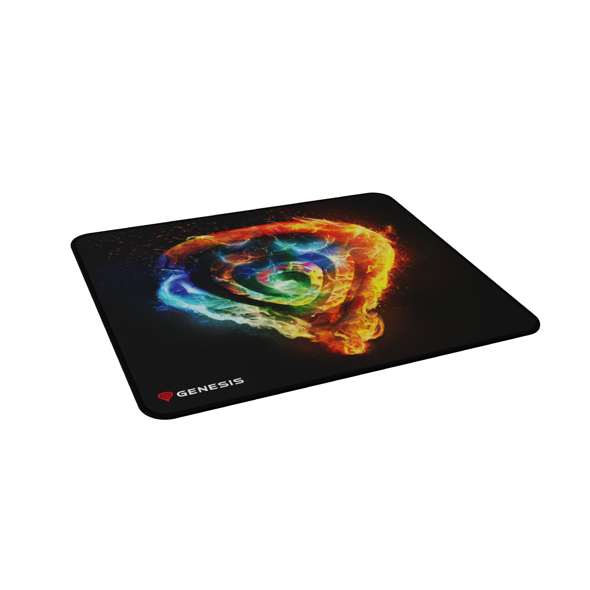 Tapis de souris gaming noir avec un design de flamme colorée.