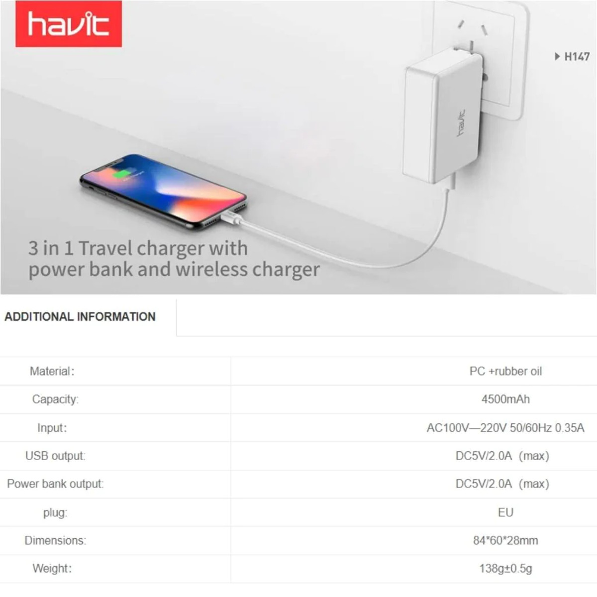 Un cargador de viaje con teléfono, banco de energía y cargador inalámbrico, con especificaciones.