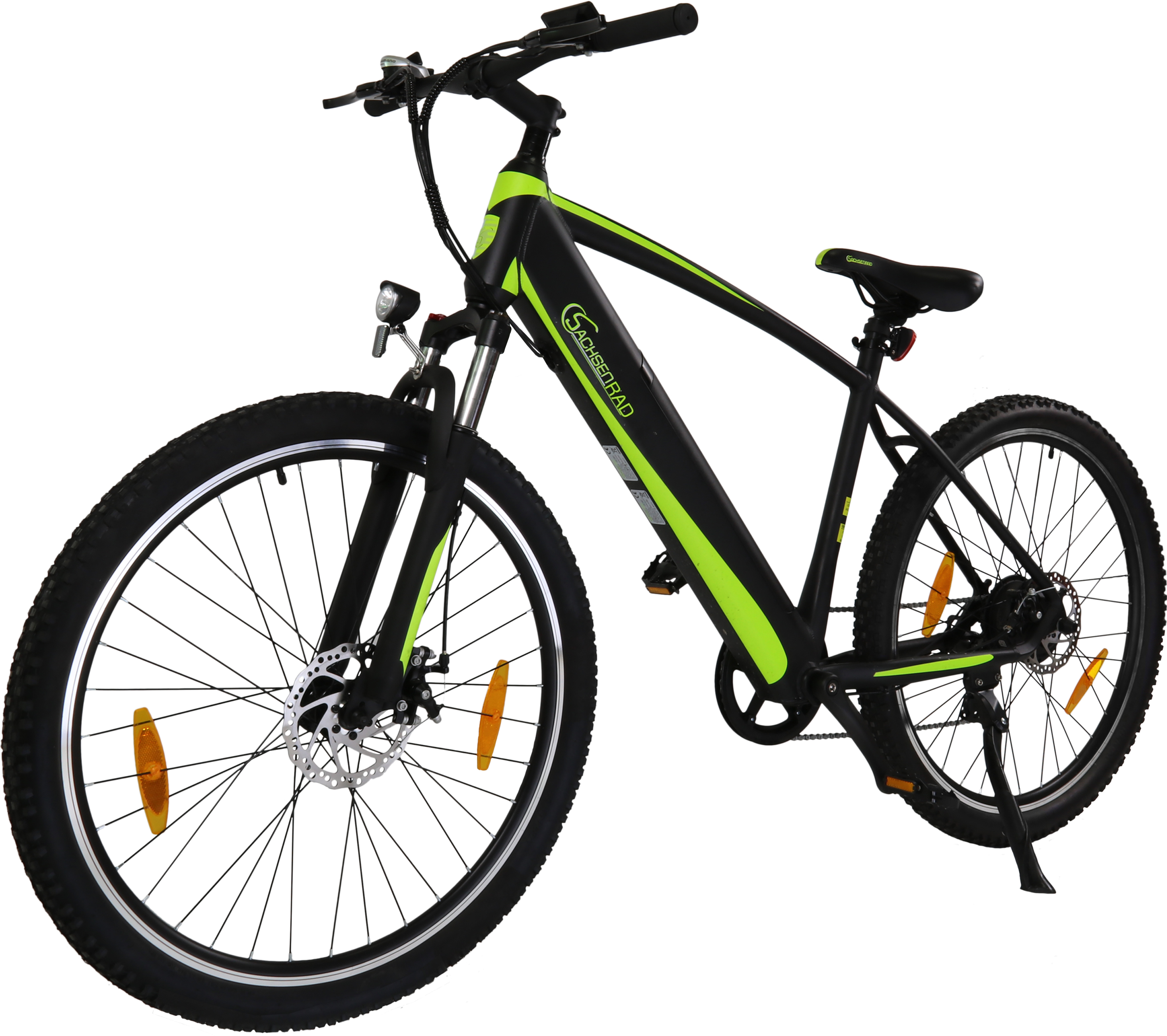 Schwarz-grünes Elektrofahrrad. Zeigt das Vorderrad, einen Scheinwerfer und das Markenlogo.