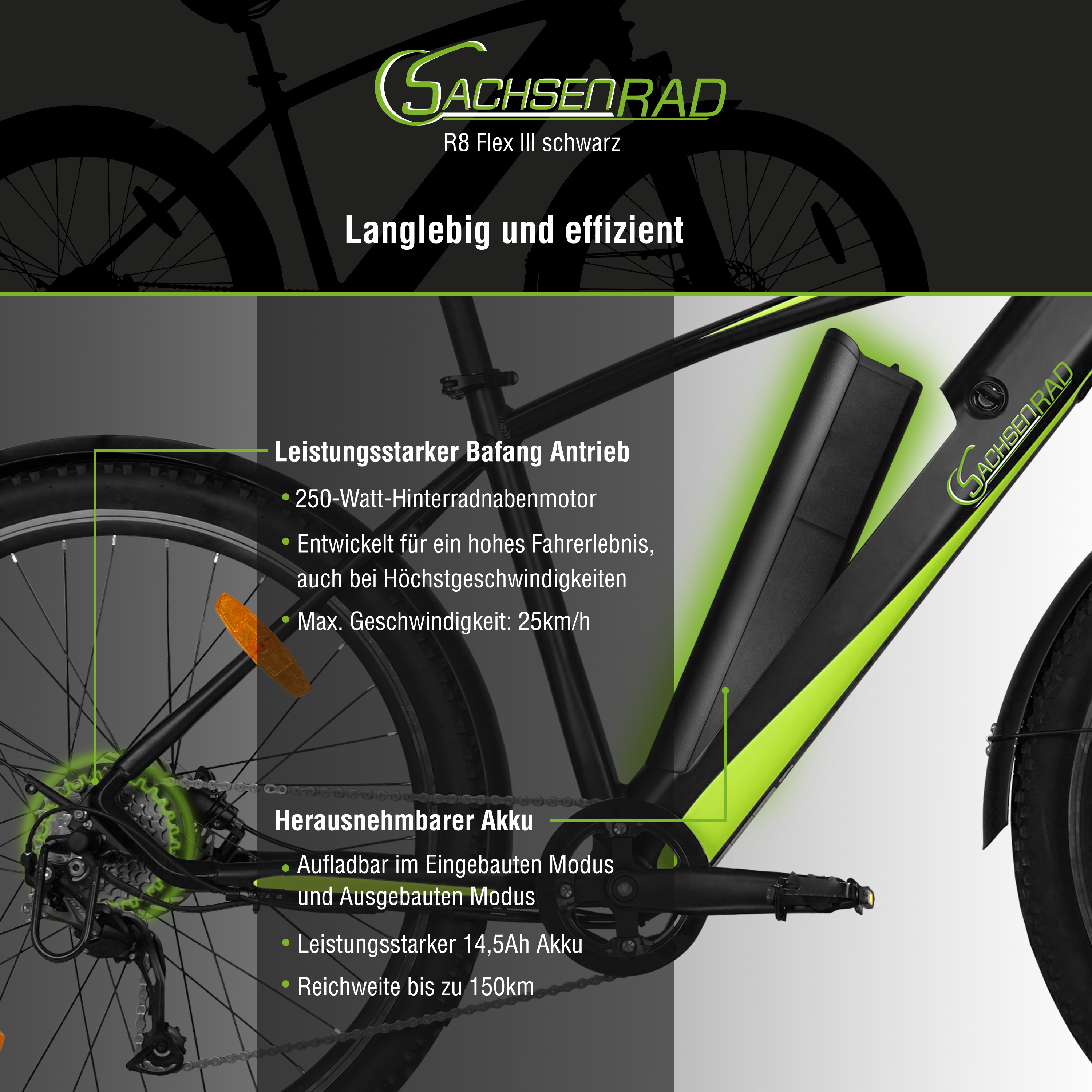 Schwarzes Elektrofahrrad mit grünen Akzenten, detaillierten Diagrammen zu den Fahrradteilen und einem Logo an der Seite.