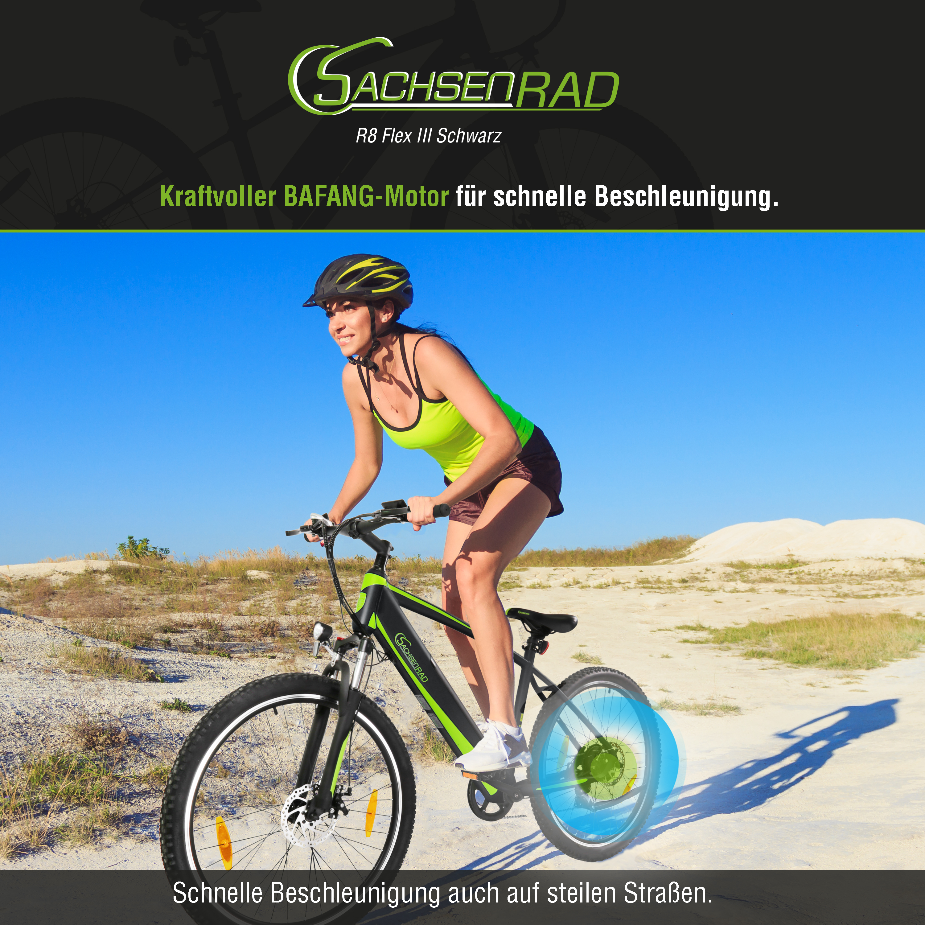 Eine Frau fährt mit dem Fahrrad auf einer unbefestigten Straße, blauer Himmel im Hintergrund.