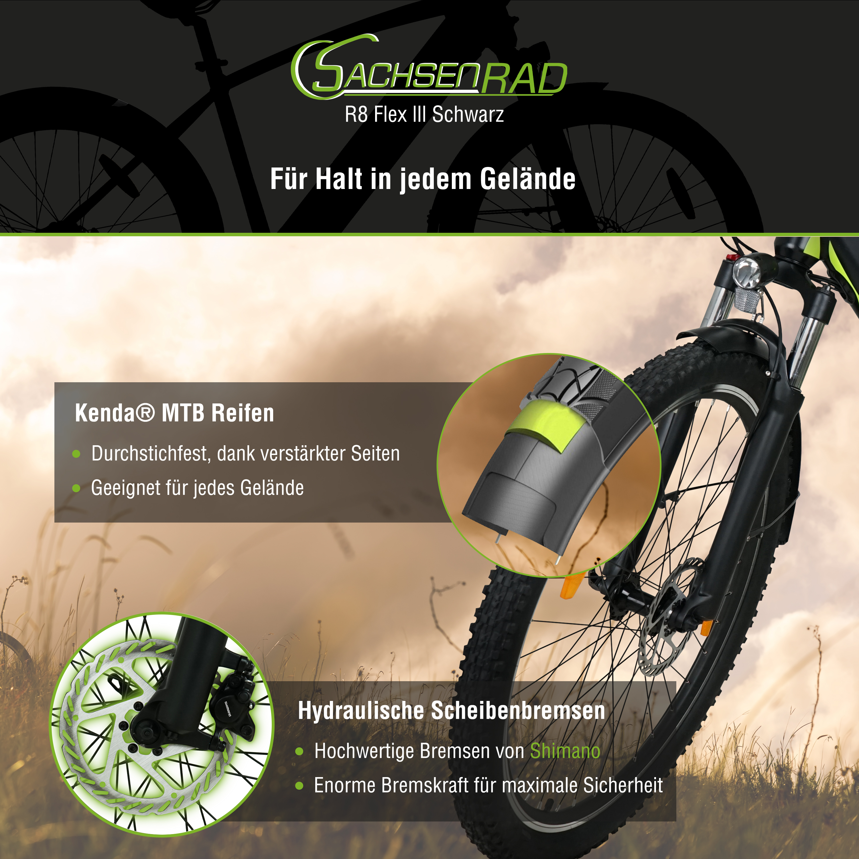 Ein schwarzes Mountainbike mit grünen Akzenten wird gezeigt, mit Text zum Rad.