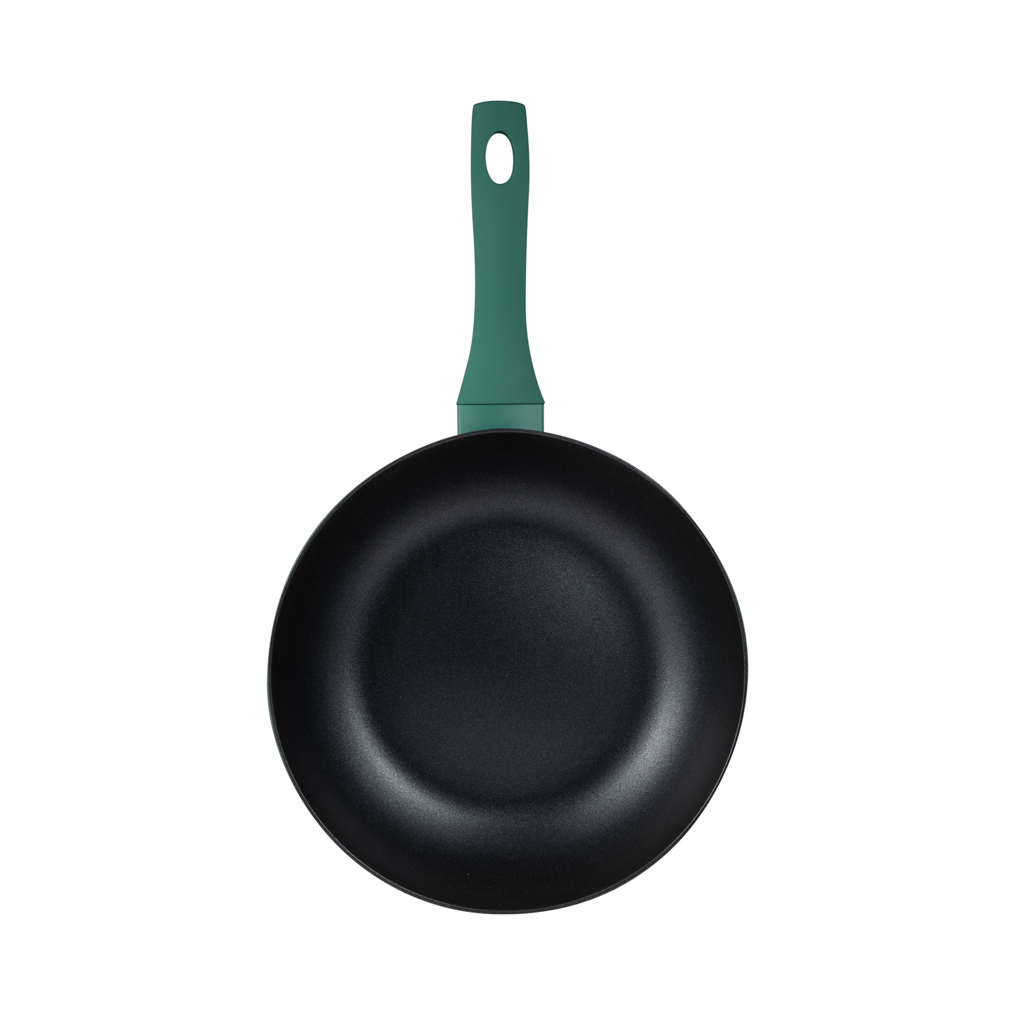 Sartén negra con mango verde, aislada sobre fondo blanco.