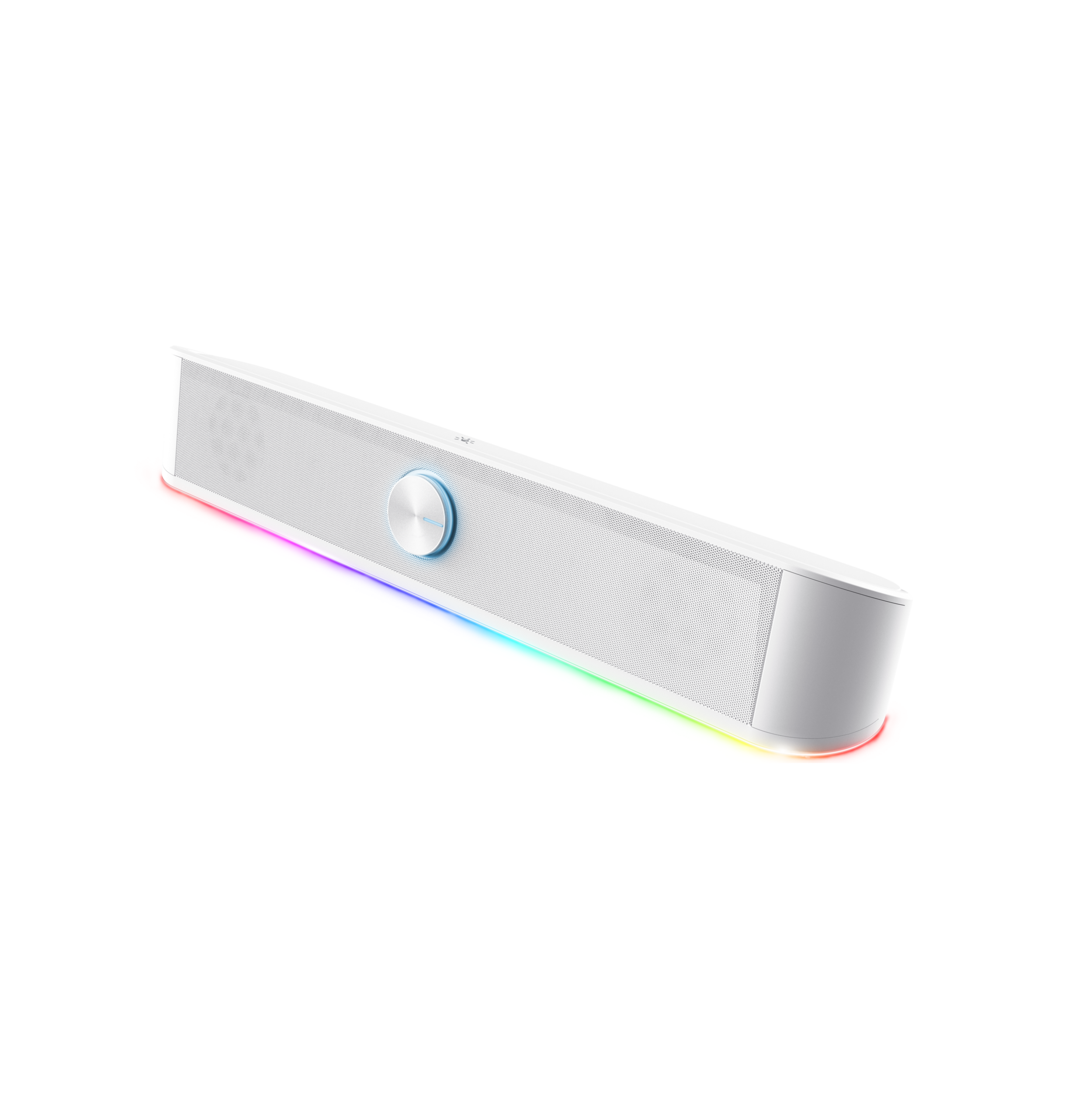Biały głośnik soundbar z okrągłym przyciskiem. Tęczowe światło na dole. Czarne tło.