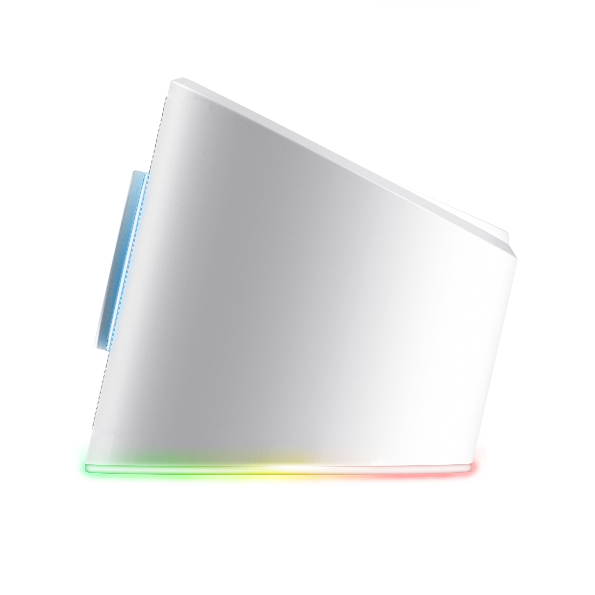 Biały głośnik z świecącymi kolorowymi światłami u podstawy. Czarne tło.