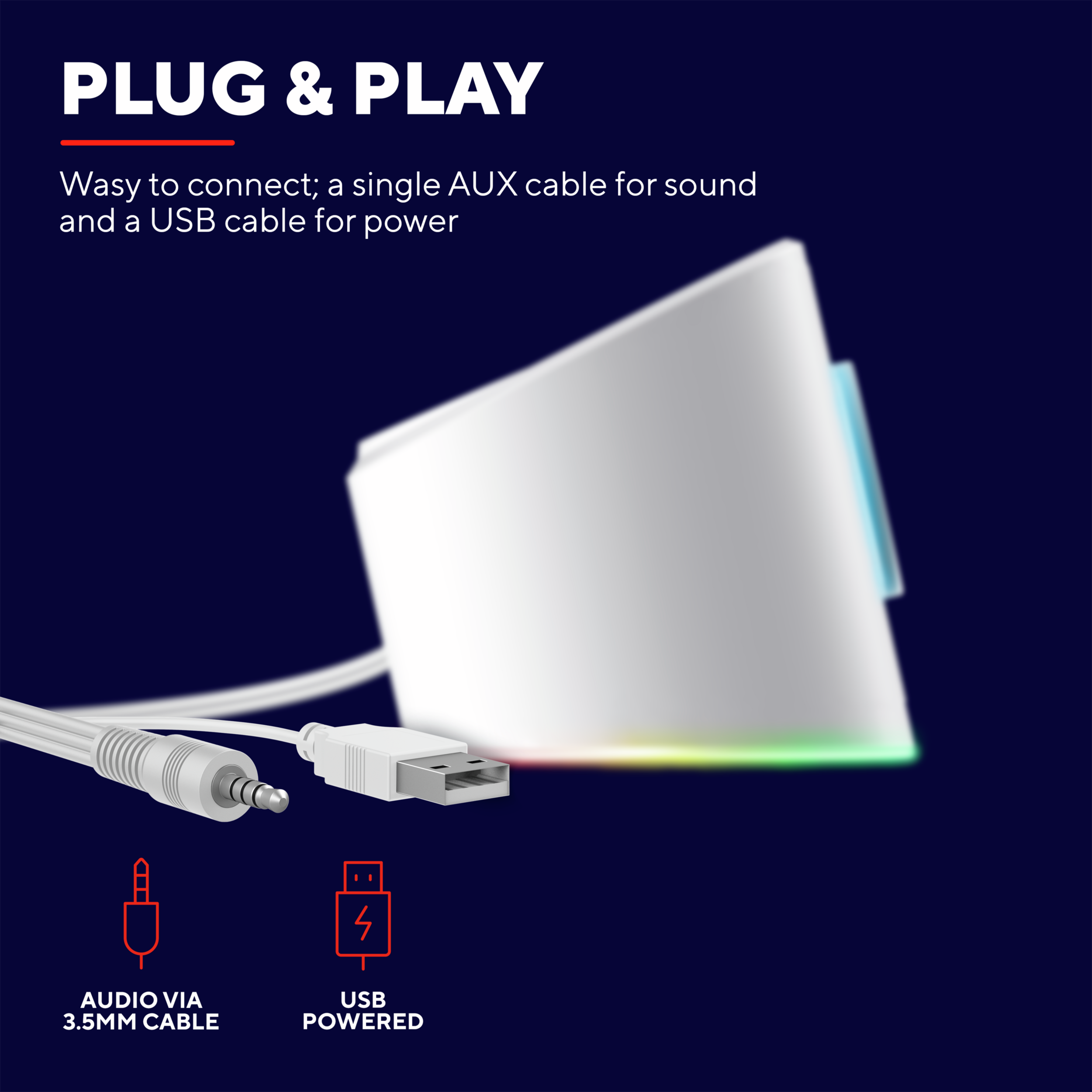 Biały głośnik z kablem USB i AUX. Wyświetlane są również ikony dla audio i zasilania.