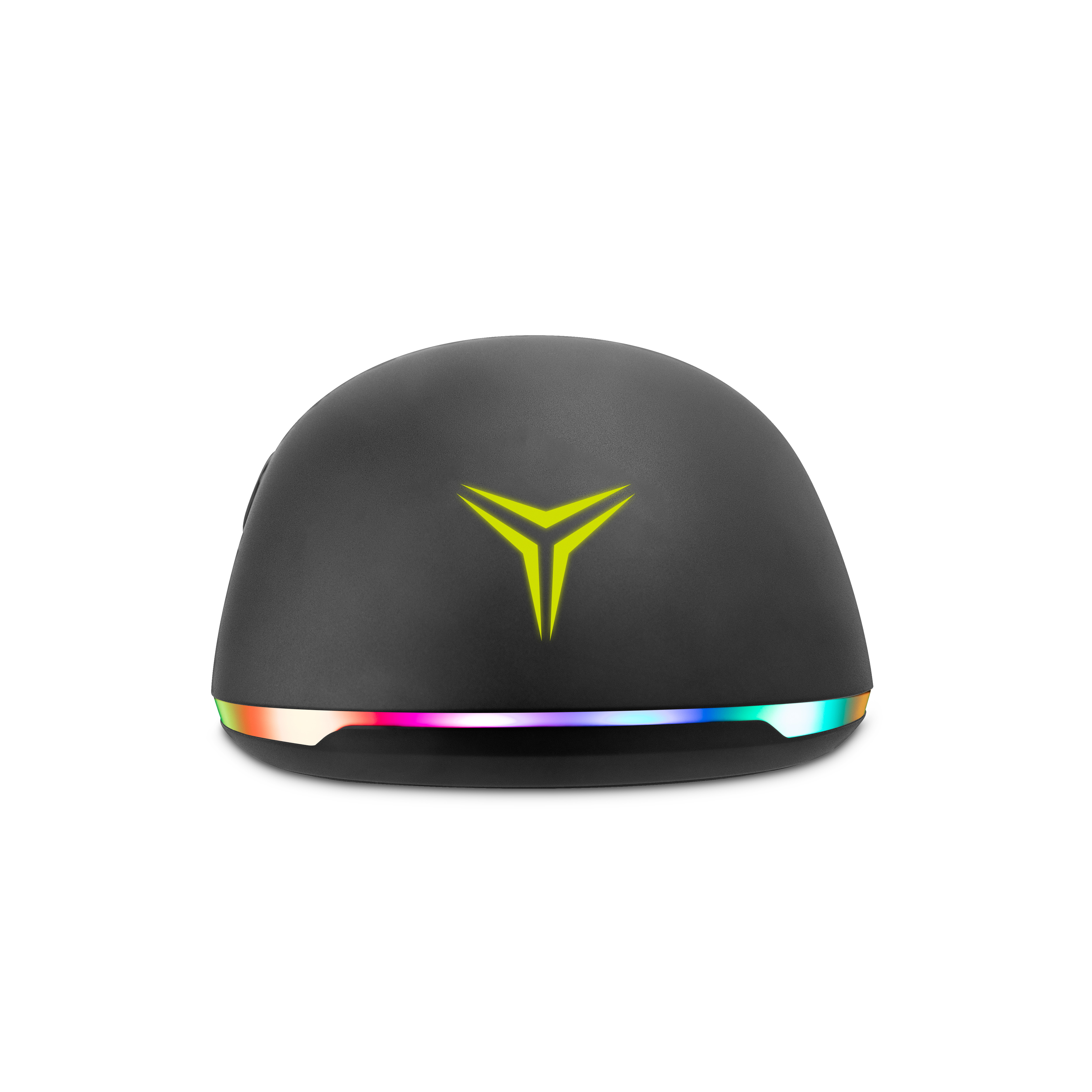 Ratón gaming negro con logo amarillo y franja de luz colorida.