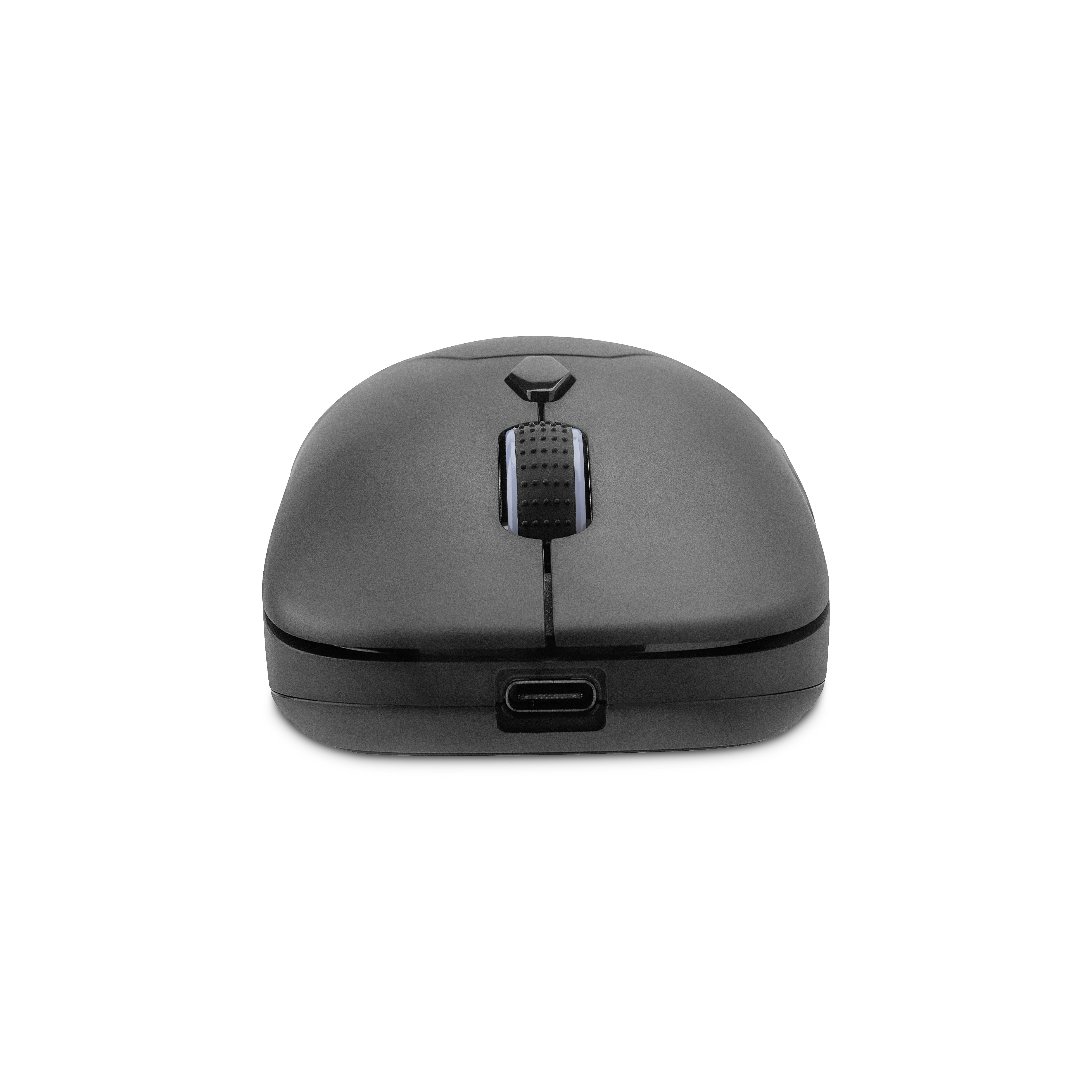 Un ratón inalámbrico negro, vista superior, con un puerto USB-C en la parte frontal.