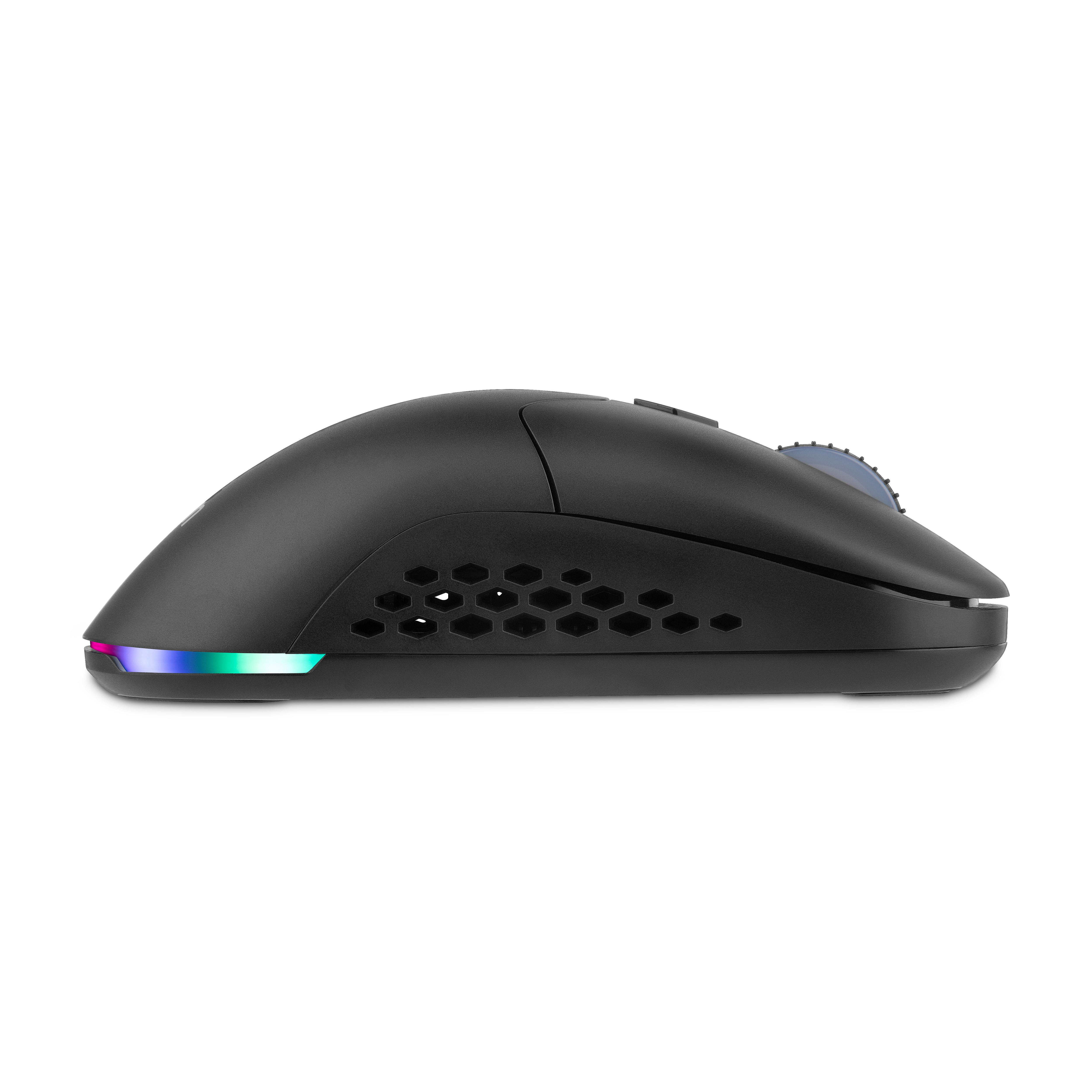 Ratón gaming negro, vista lateral, con una franja de luz y botones laterales.
