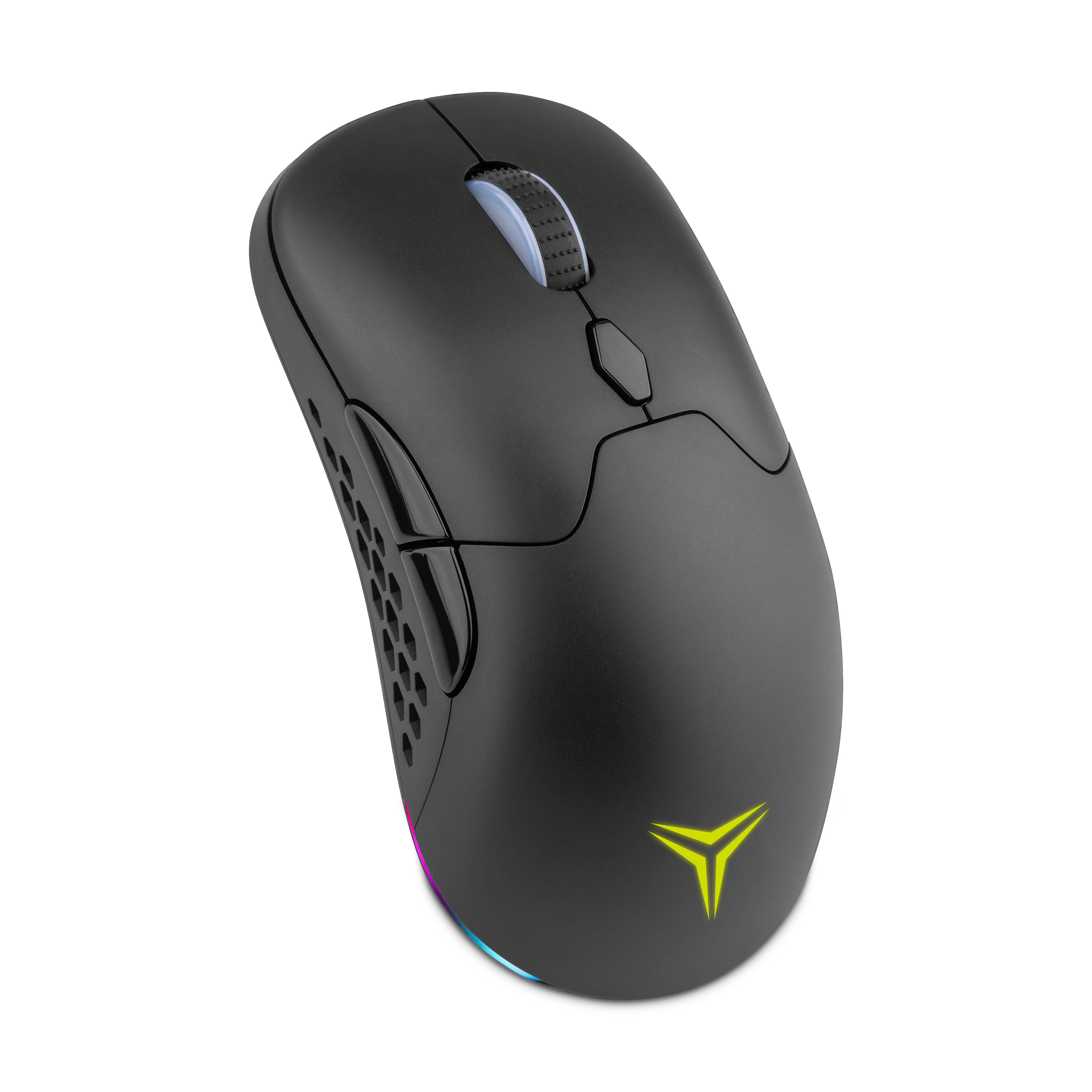 Ratón gaming negro con logo amarillo. Muestra botones y rueda de desplazamiento.