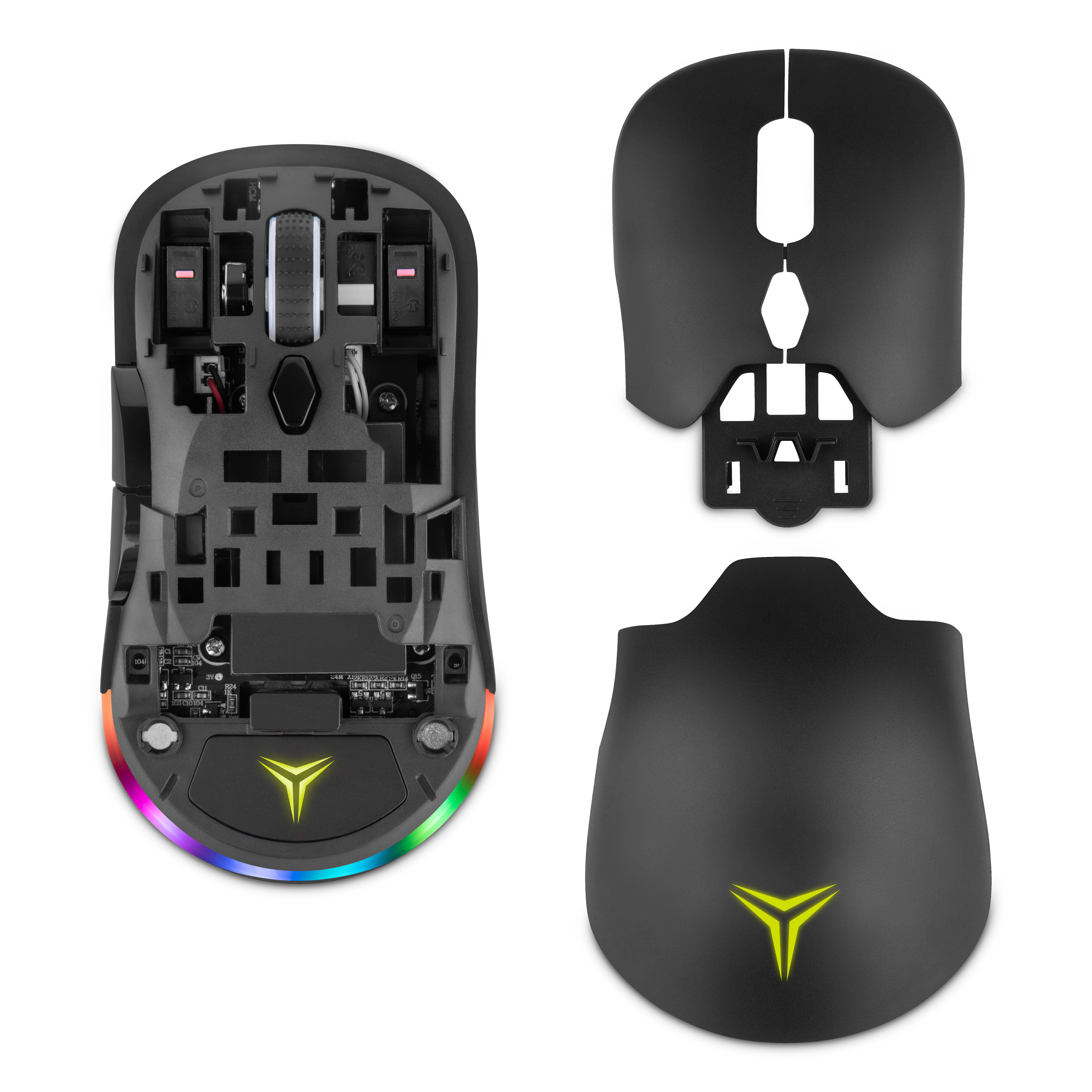 Ratón gaming desmontado mostrando componentes internos, plástico negro e iluminación RGB.