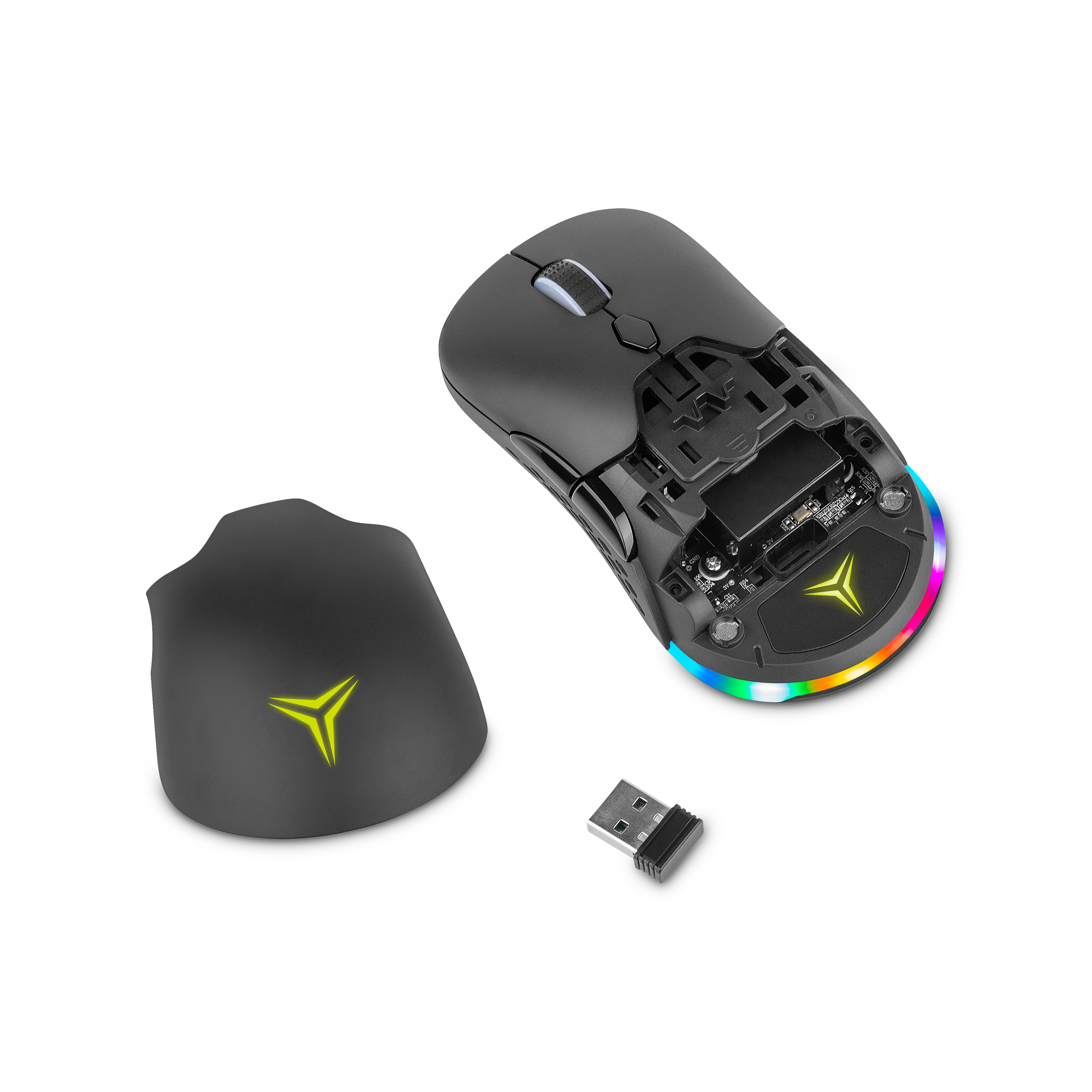 Ratón gaming negro, desmontado. Mostrando componentes internos y receptor inalámbrico.