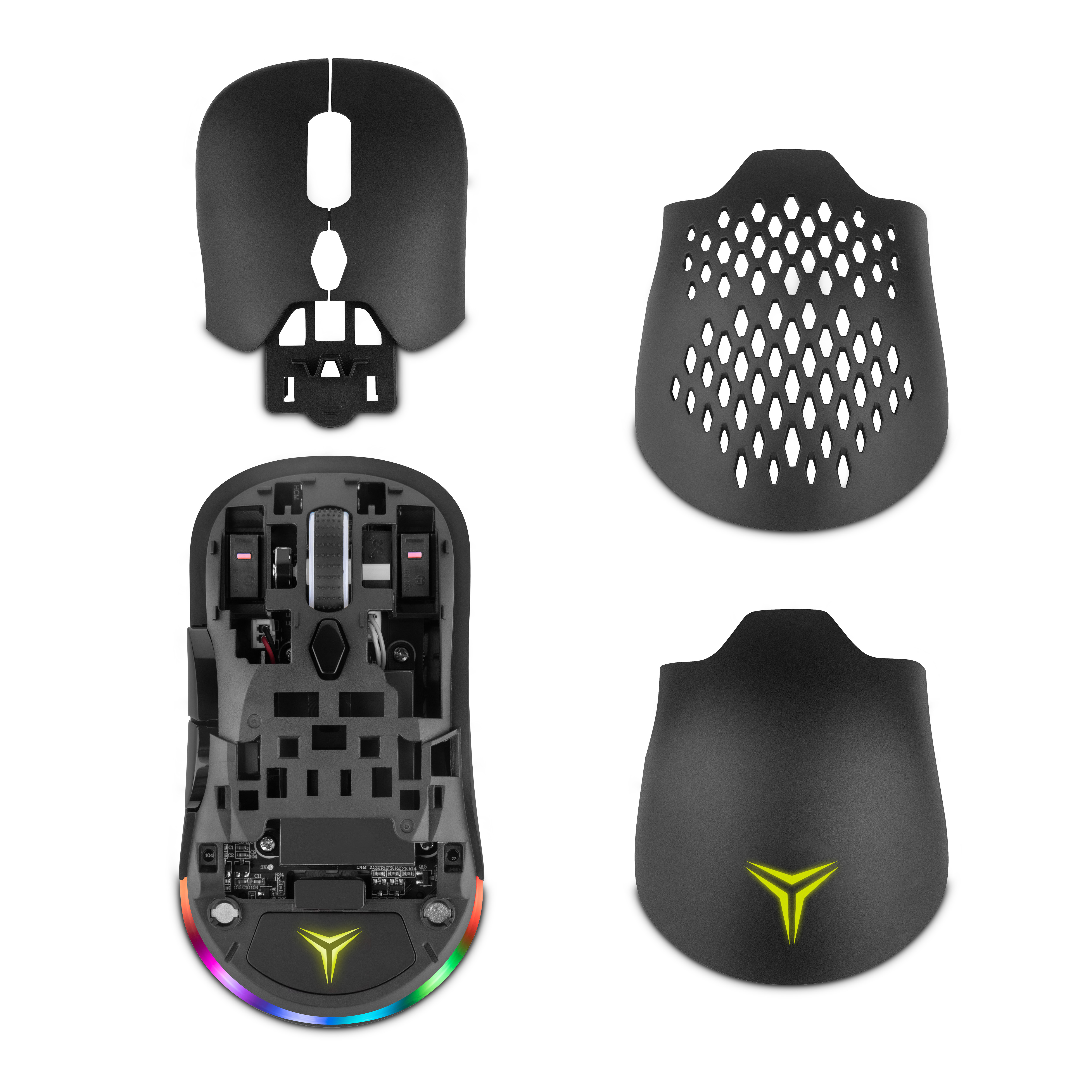 Ratón gaming desmontado. Muestra cubiertas superiores, componentes internos y partes inferiores.