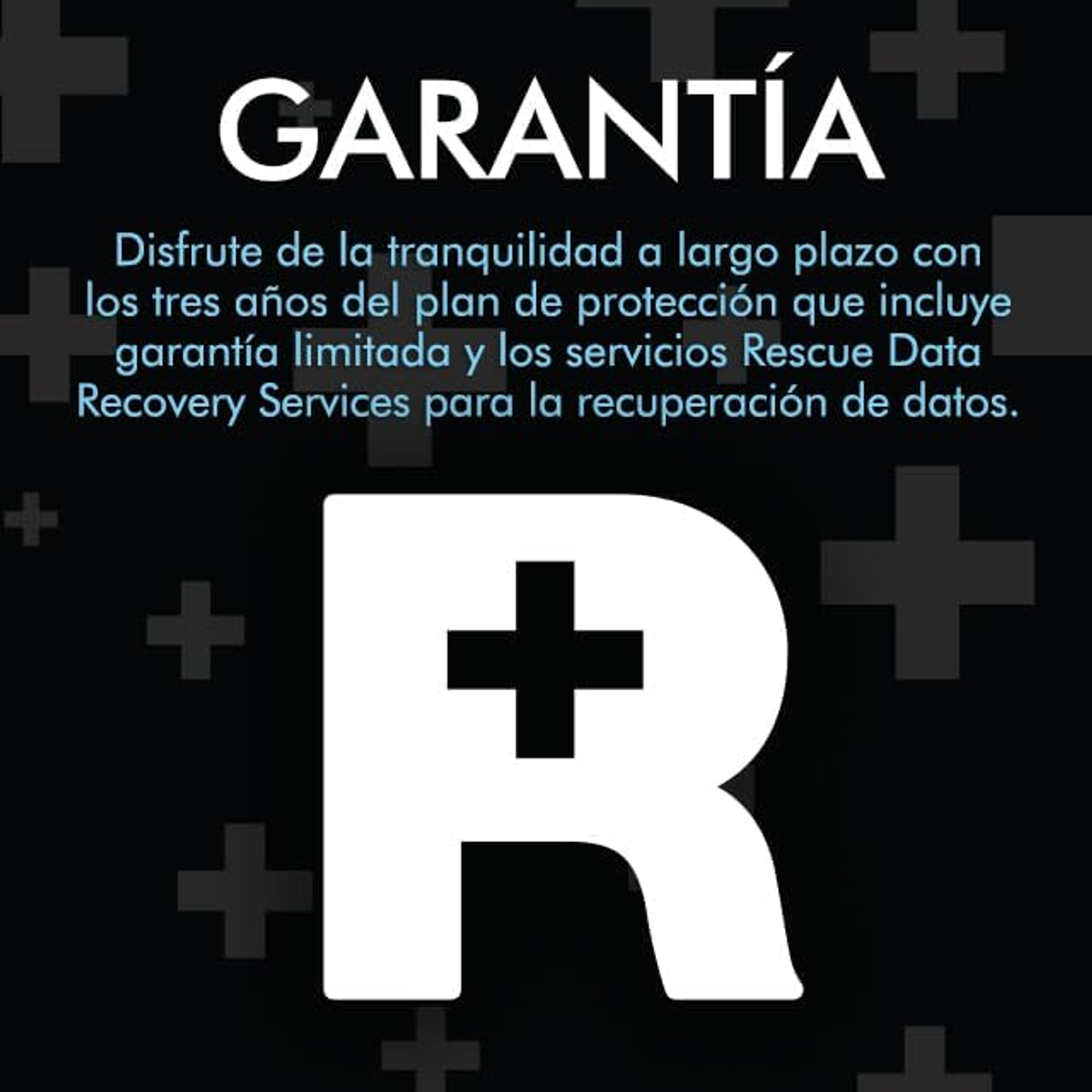 Obraz białej „R” ze znakiem plus. Słowo „GARANTÍA” jest na górze. Tło jest czarne.