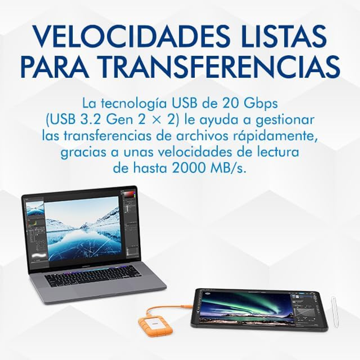 Laptop, tablet i zewnętrzny dysk twardy na niebieskim tle. Tekst mówi o prędkości USB 3.2 Gen 2x2.