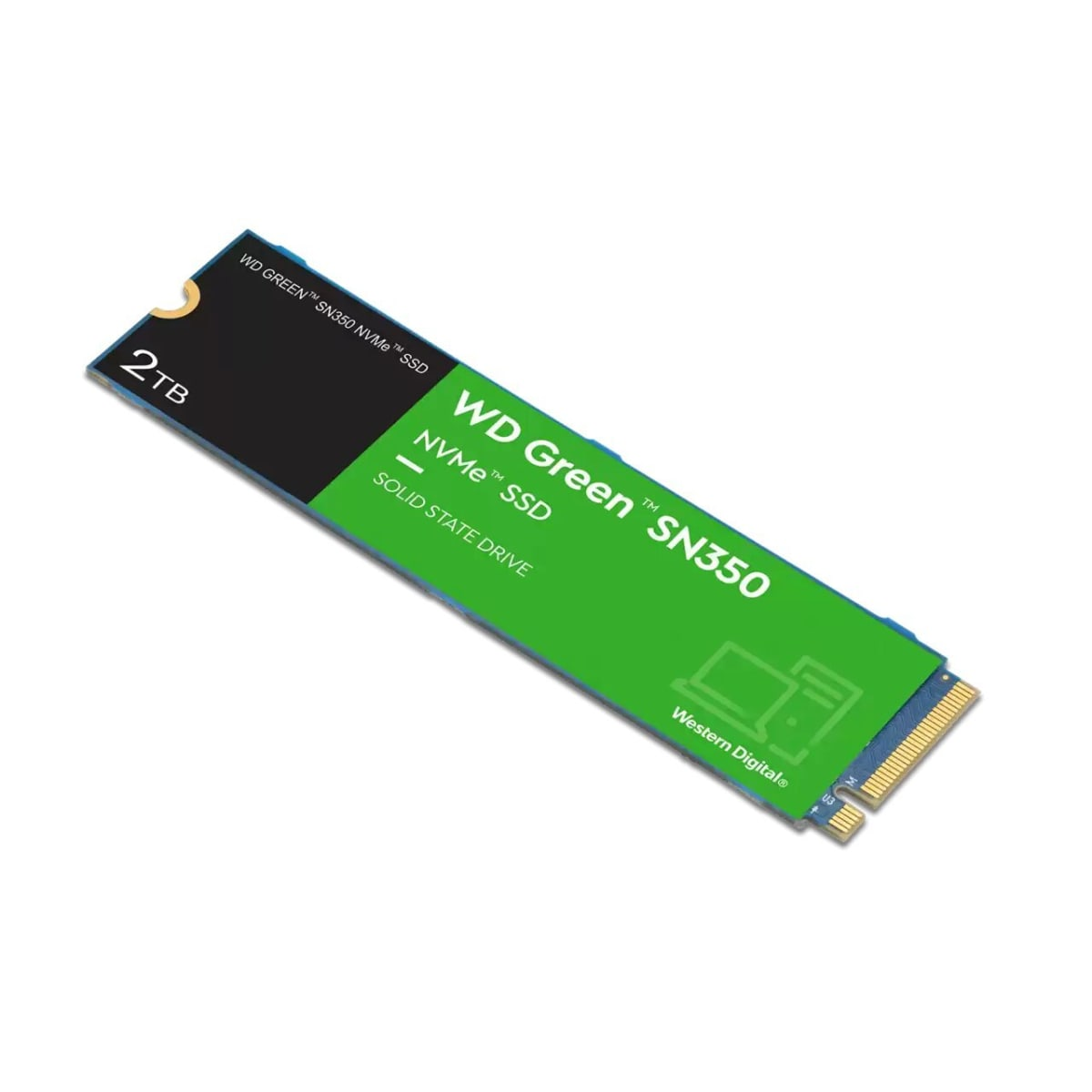 Zielony i czarny WD Green SN350 NVMe SSD na białym tle z tekstem i logo.