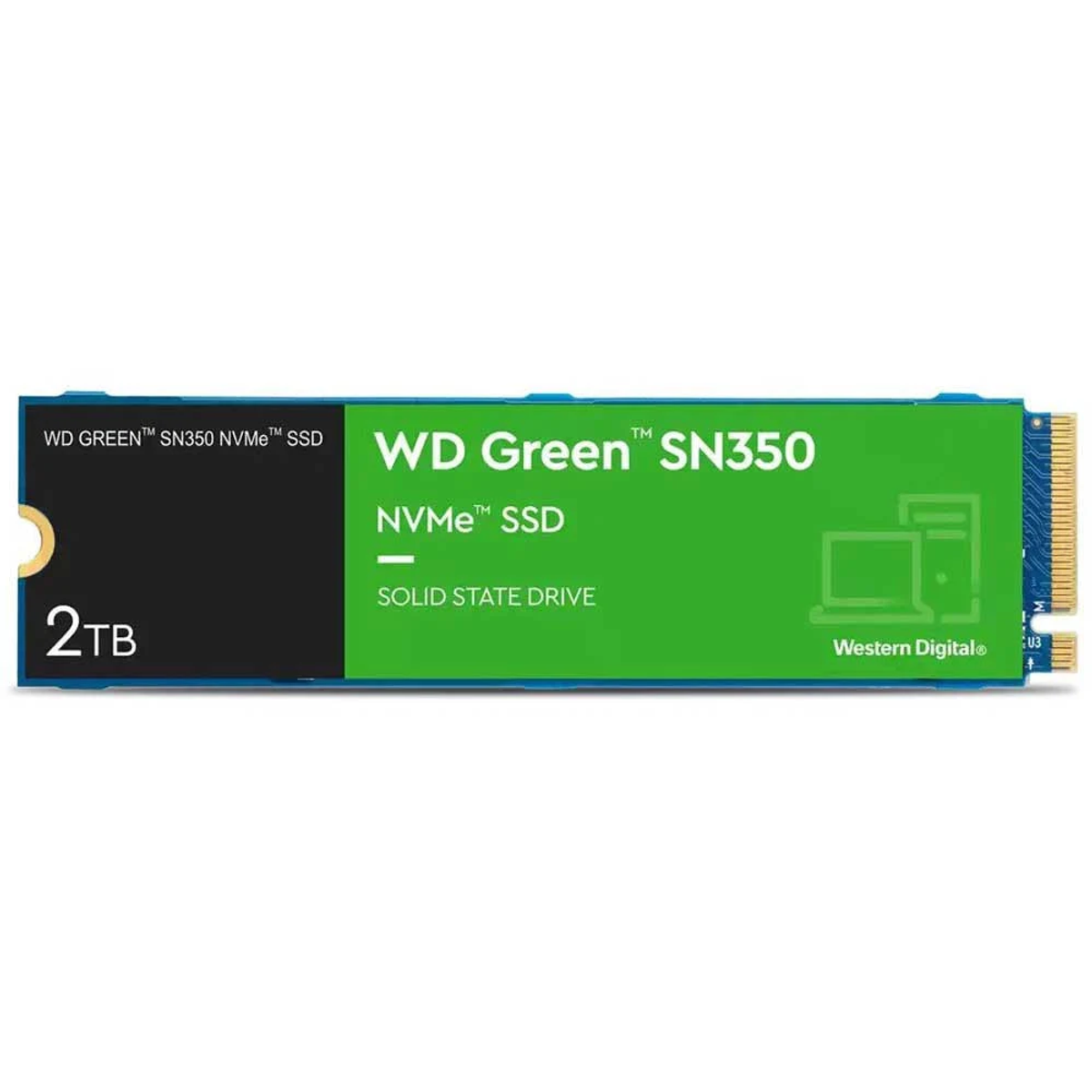 WD Green SN350 NVMe SSD. Tekst na etykiecie, dysk jest zielony i ma pojemność 2 TB.