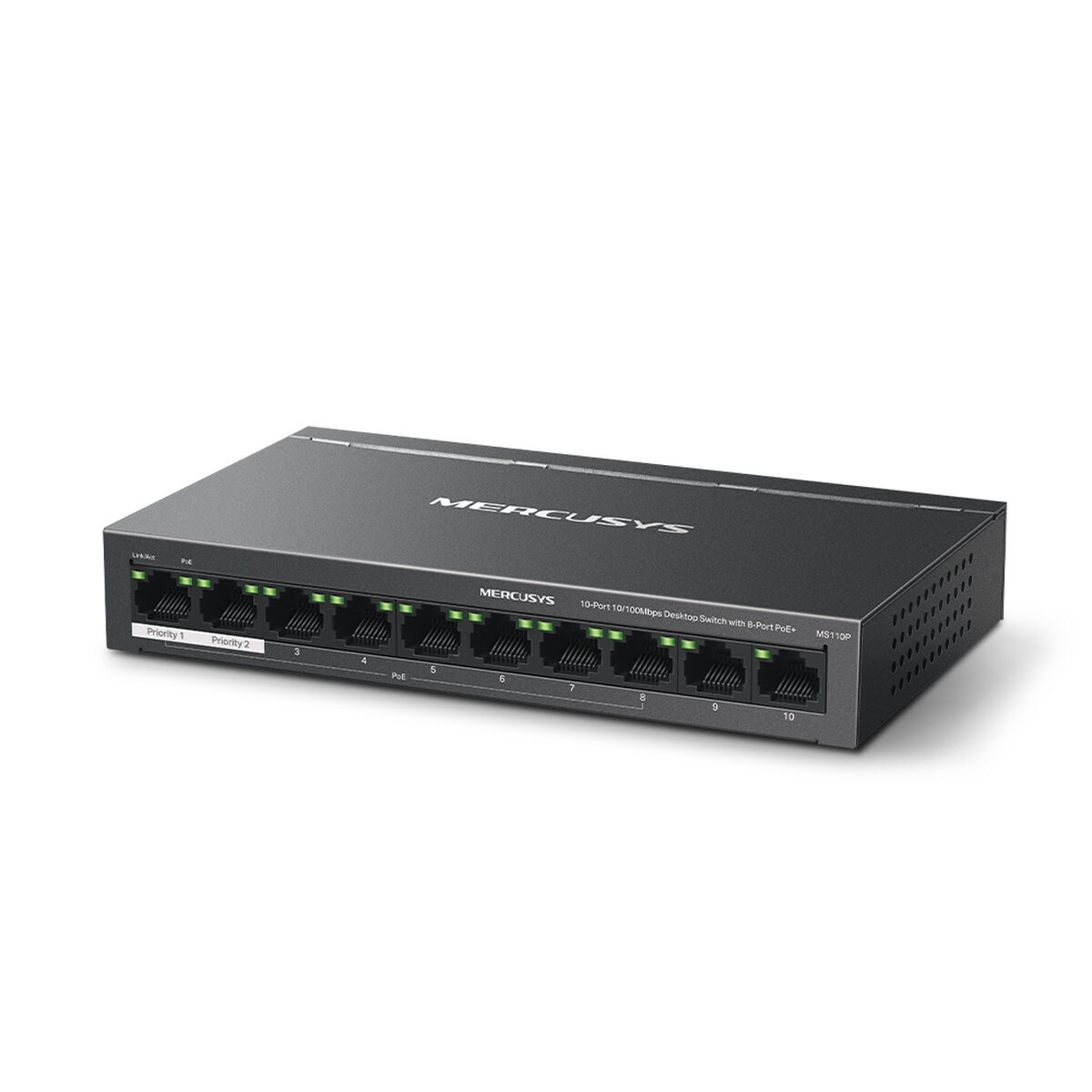 Schwarzer Netzwerk-Switch mit mehreren Anschlüssen, Lichtern und Mercusys-Logo.
