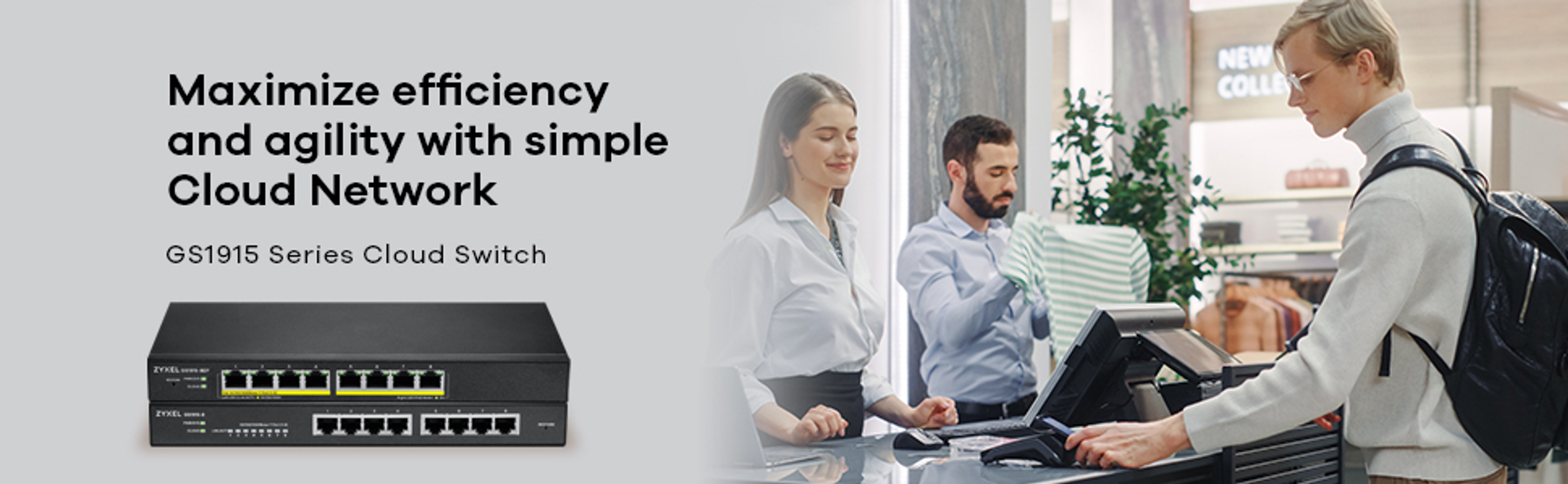 Obraz przedstawia przełącznik sieciowy i ludzi w sklepie. Tekst mówi 'Zmaksymalizuj wydajność'.