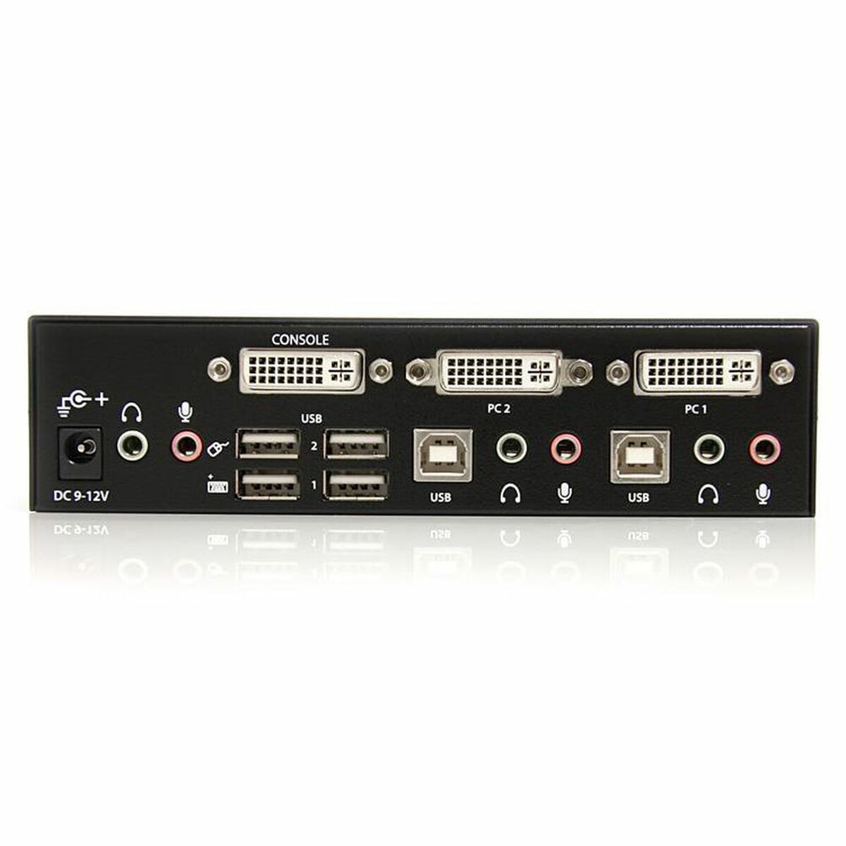 Zwarte KVM-switch met poorten. Inclusief consolepoorten, pc-poorten, USB-poorten en audio-aansluitingen.