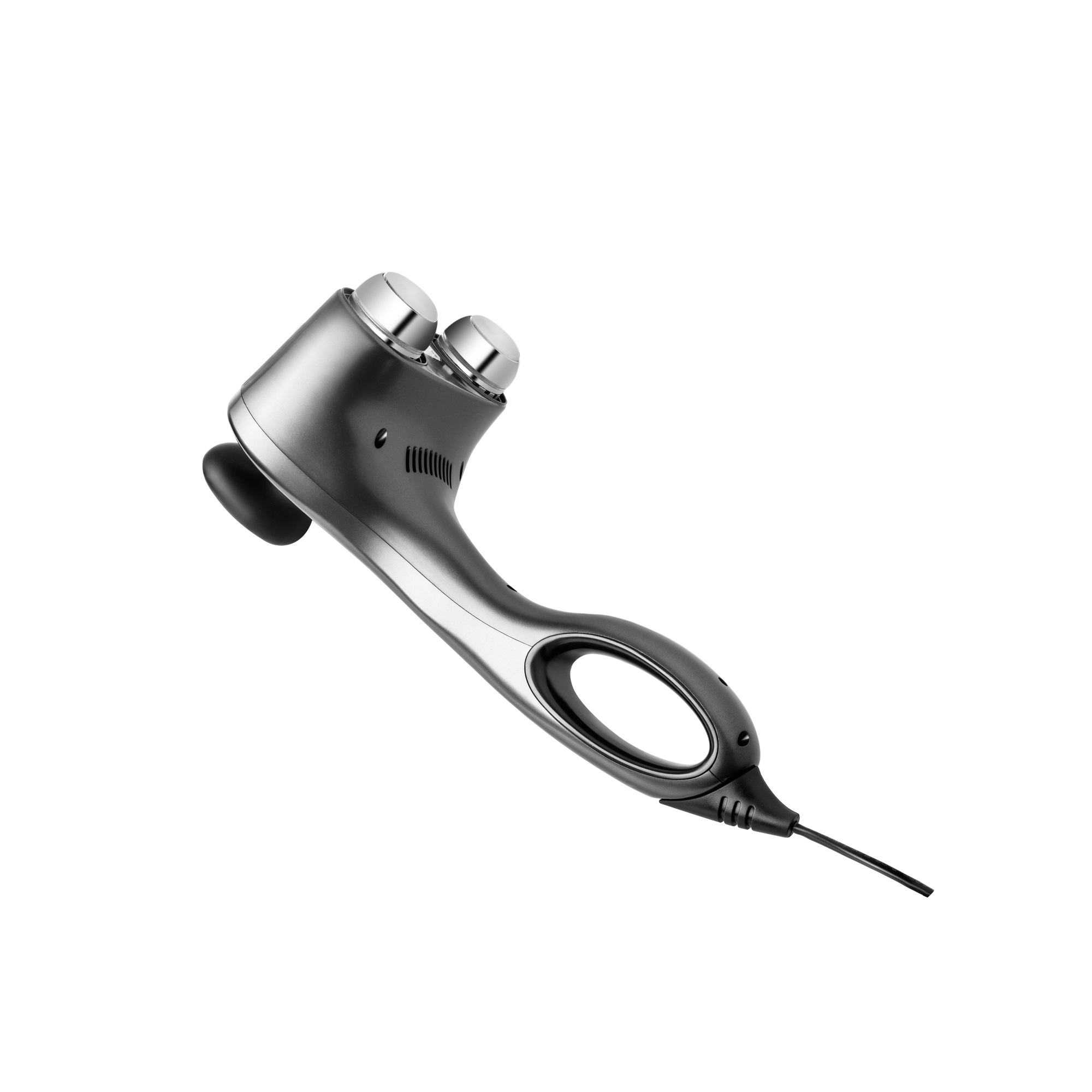 Ein graues Gesichtsmassagegerät mit zwei Metallköpfen und einem Griff, isoliert auf Weiß.