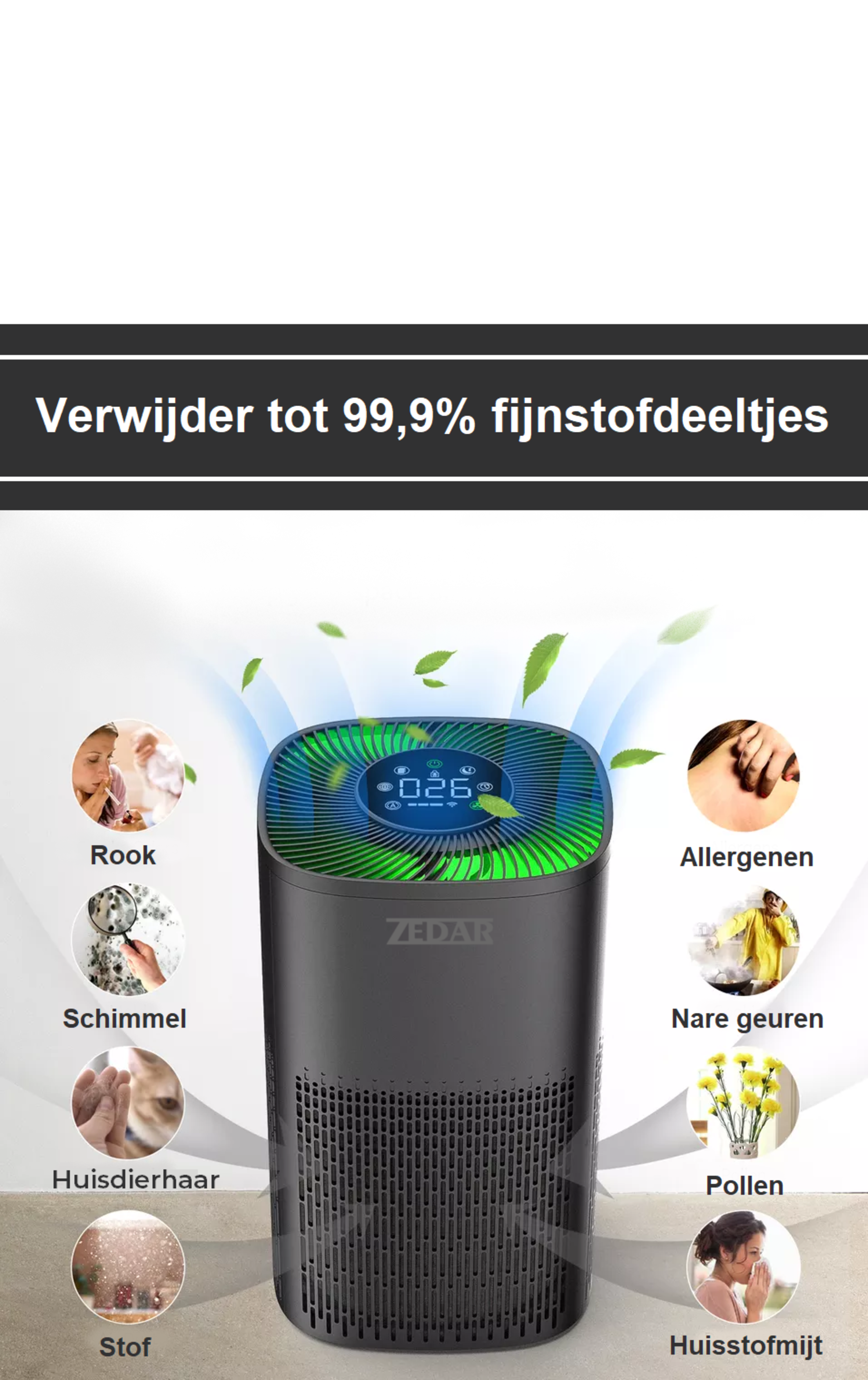 Air purifier with a black body. It has a digital display, and a green/blue top.