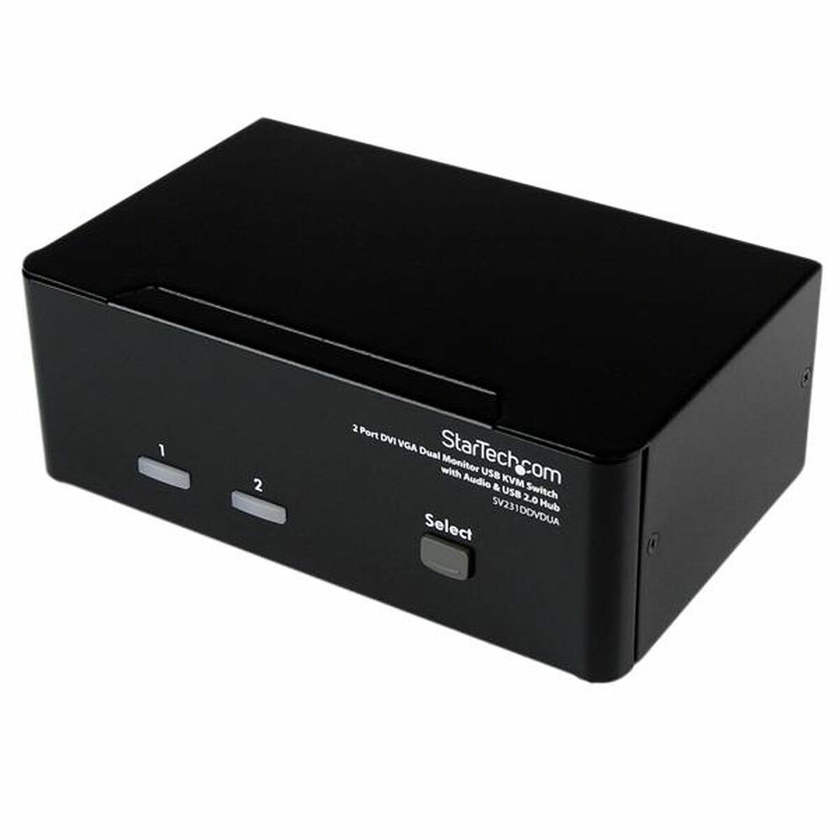 Een zwarte KVM-switch met twee poorten. De merknaam is Startech.com.