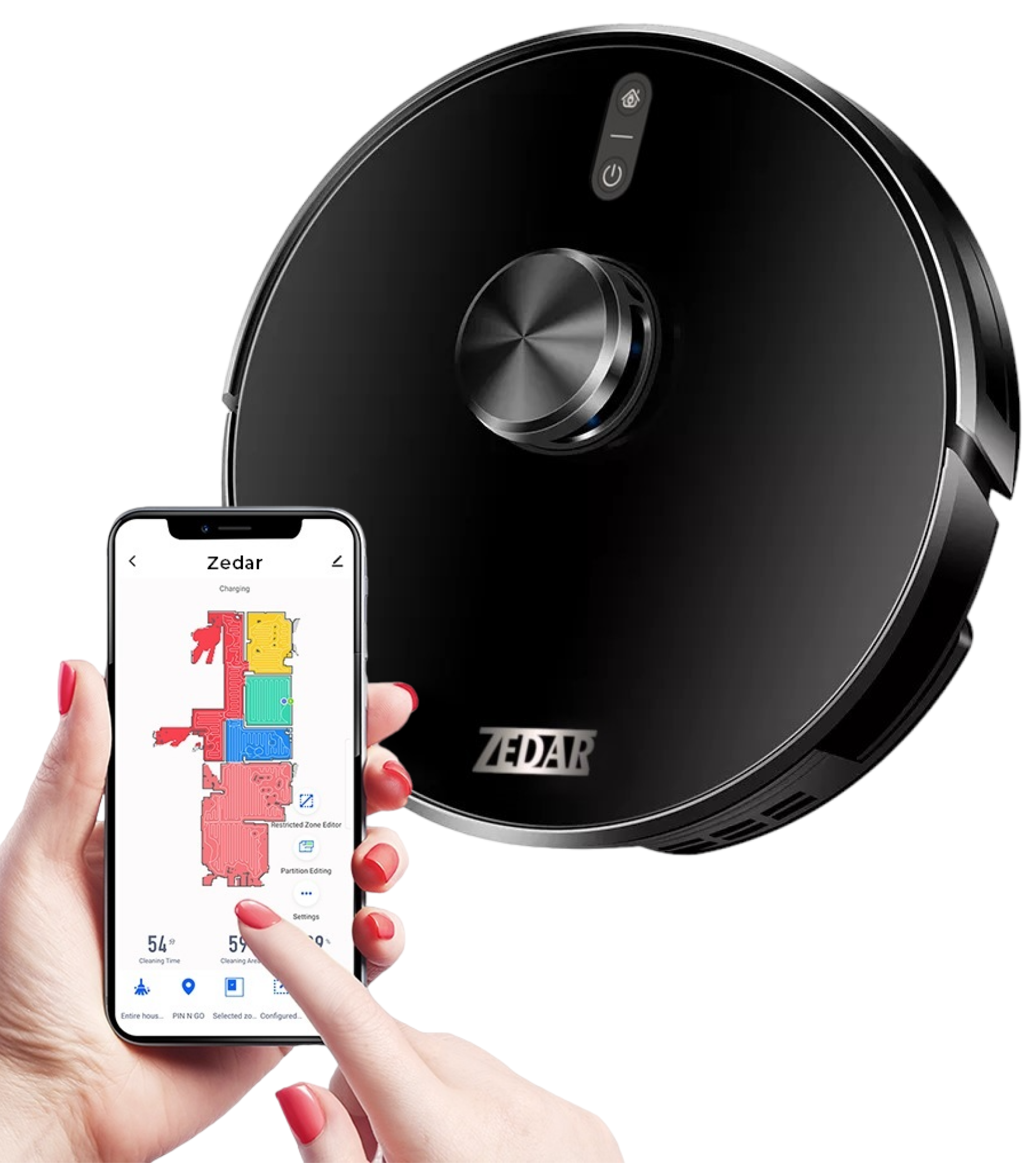A black robot vacuum cleaner and a phone displaying a map with a finger on the screen.