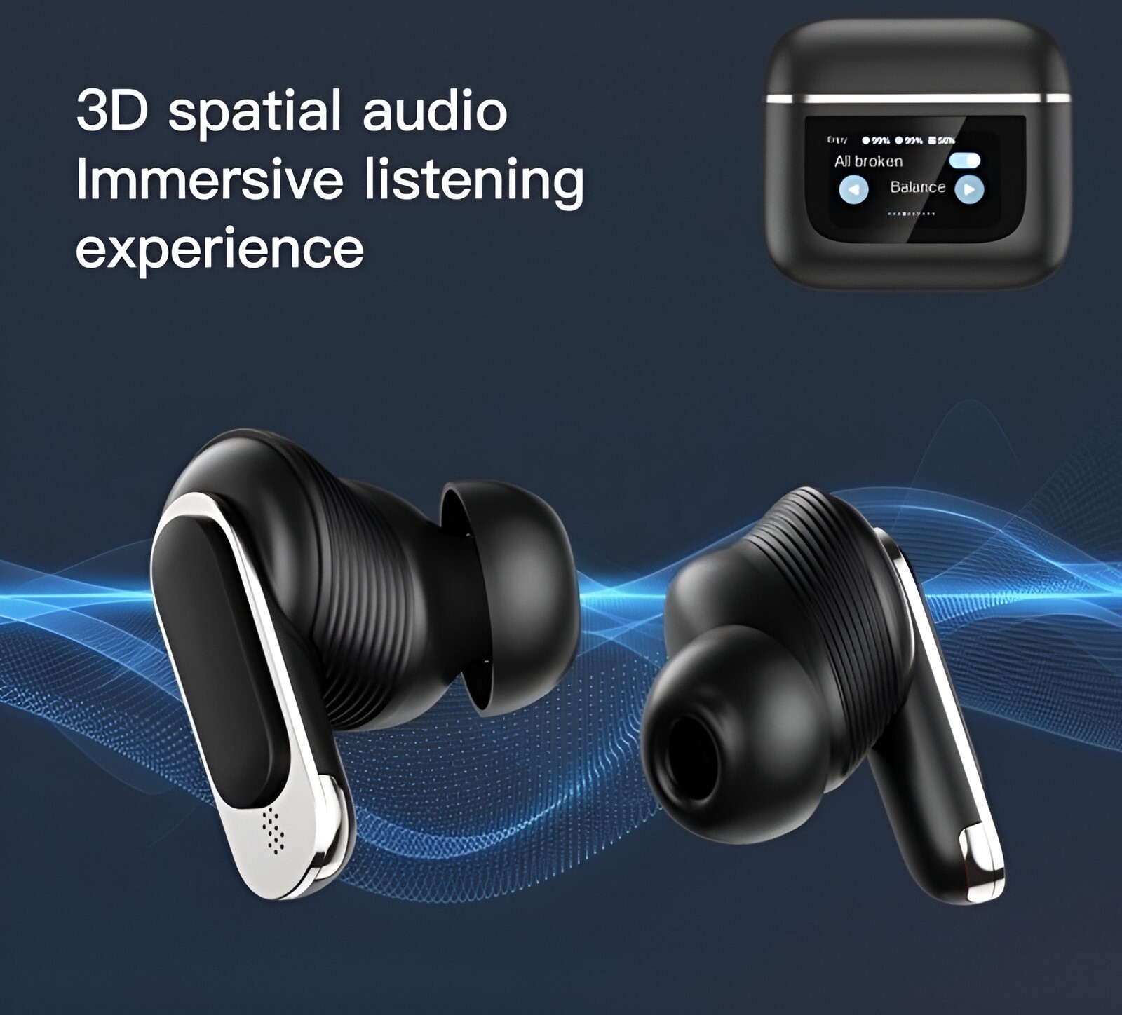 Auriculares negros y estuche de carga con texto, audio espacial 3D y experiencia inmersiva.
