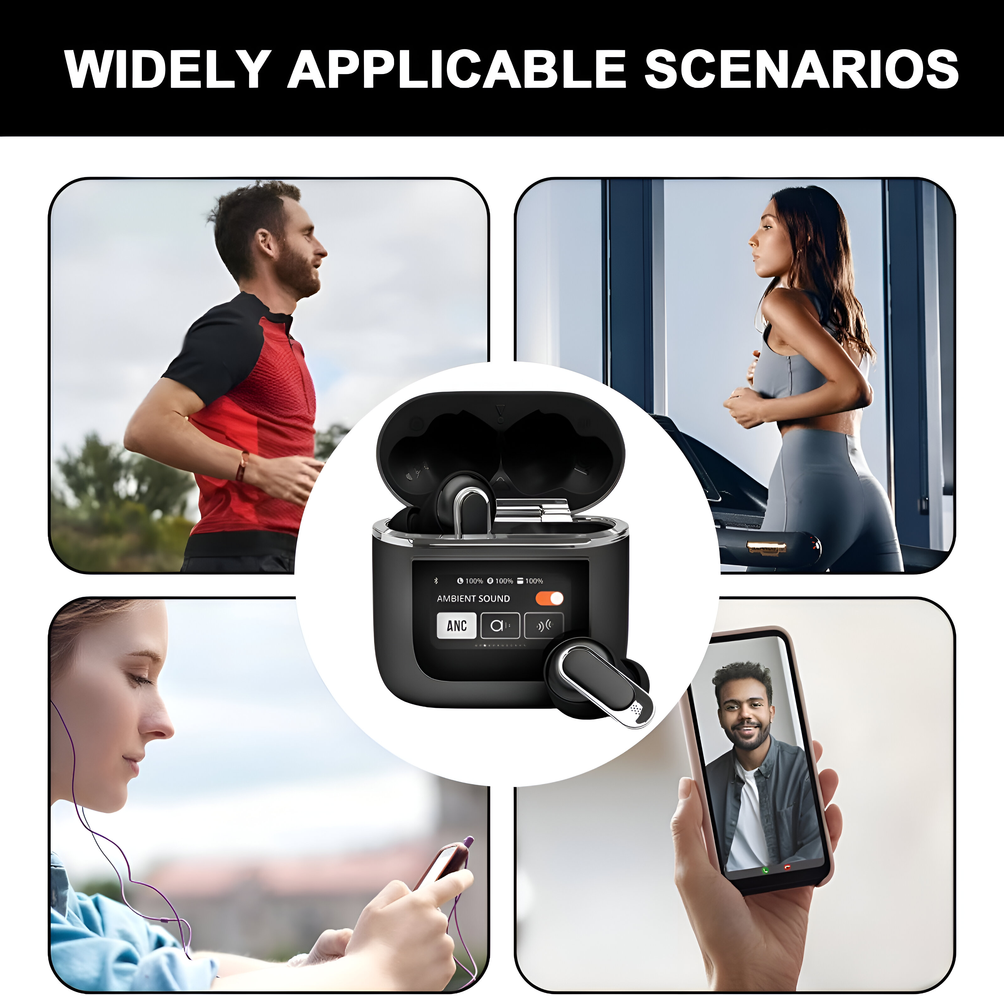 Imágenes mostrando el uso de auriculares: corriendo, cinta de correr, escuchando y llamando.