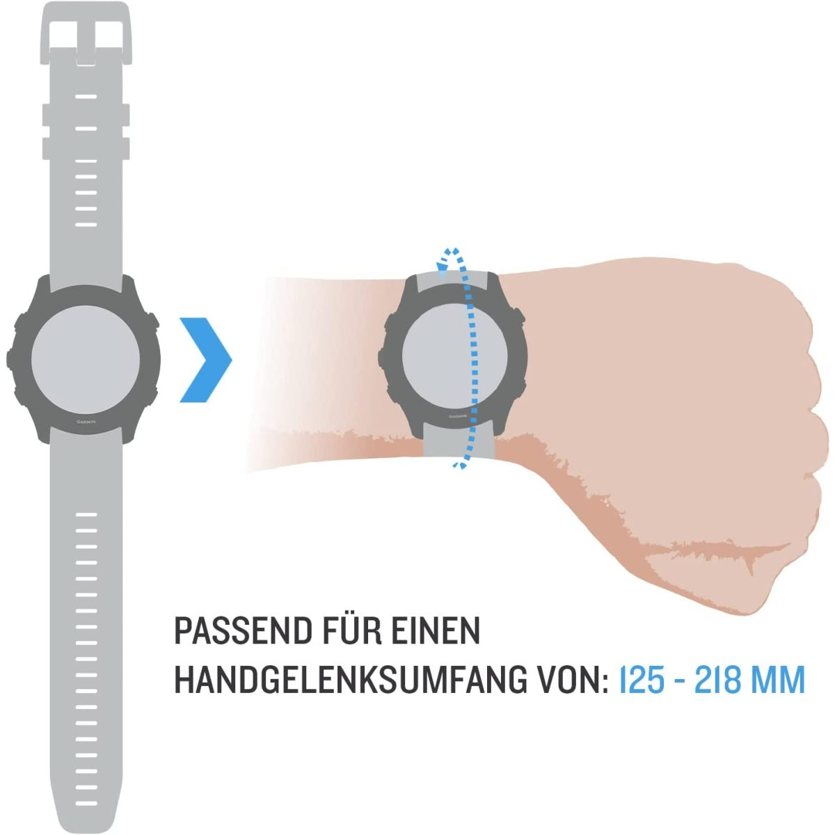 Eine Smartwatch am Handgelenk, mit einer Abbildung, die Handgelenkgrößen zeigt.
