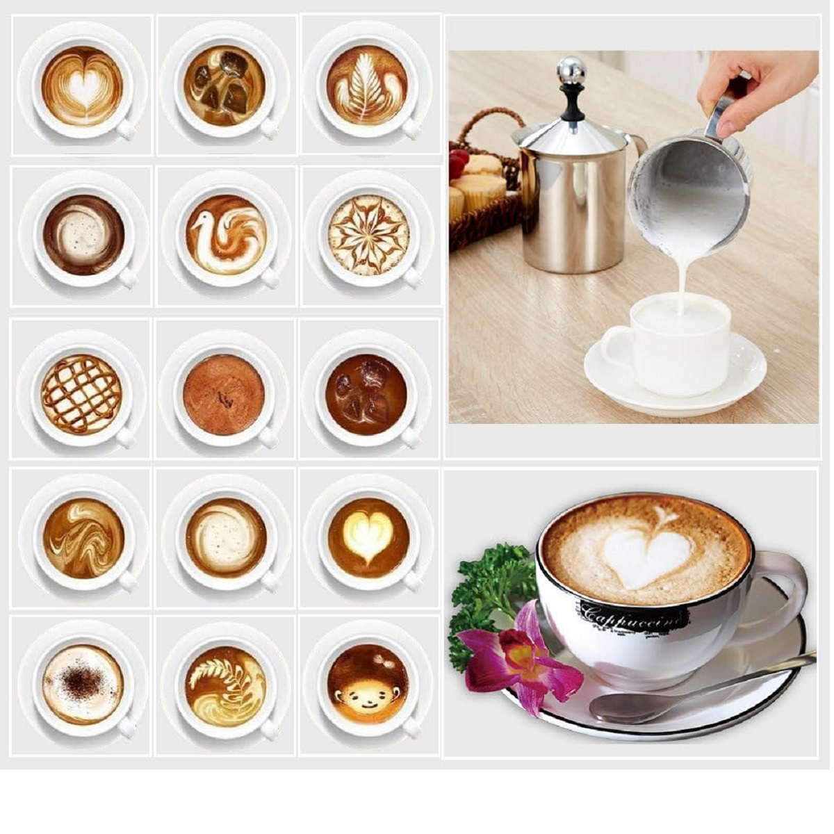 Mehrere Kaffeetassen mit Latte Art. Eine Hand gießt Milch in eine Tasse.