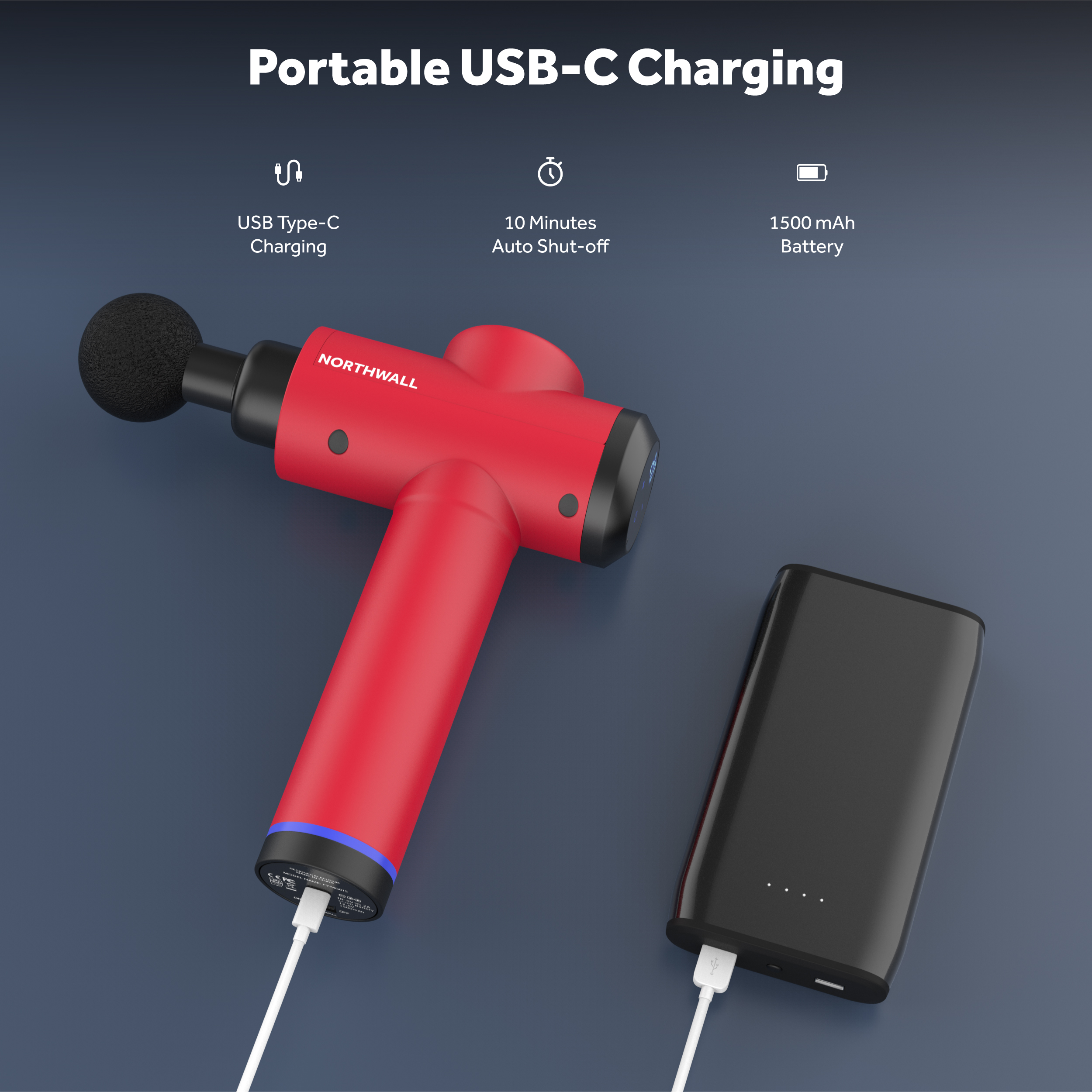 Rote Massagepistole mit angeschlossener Powerbank. Text: 'Tragbares USB-C-Laden'.