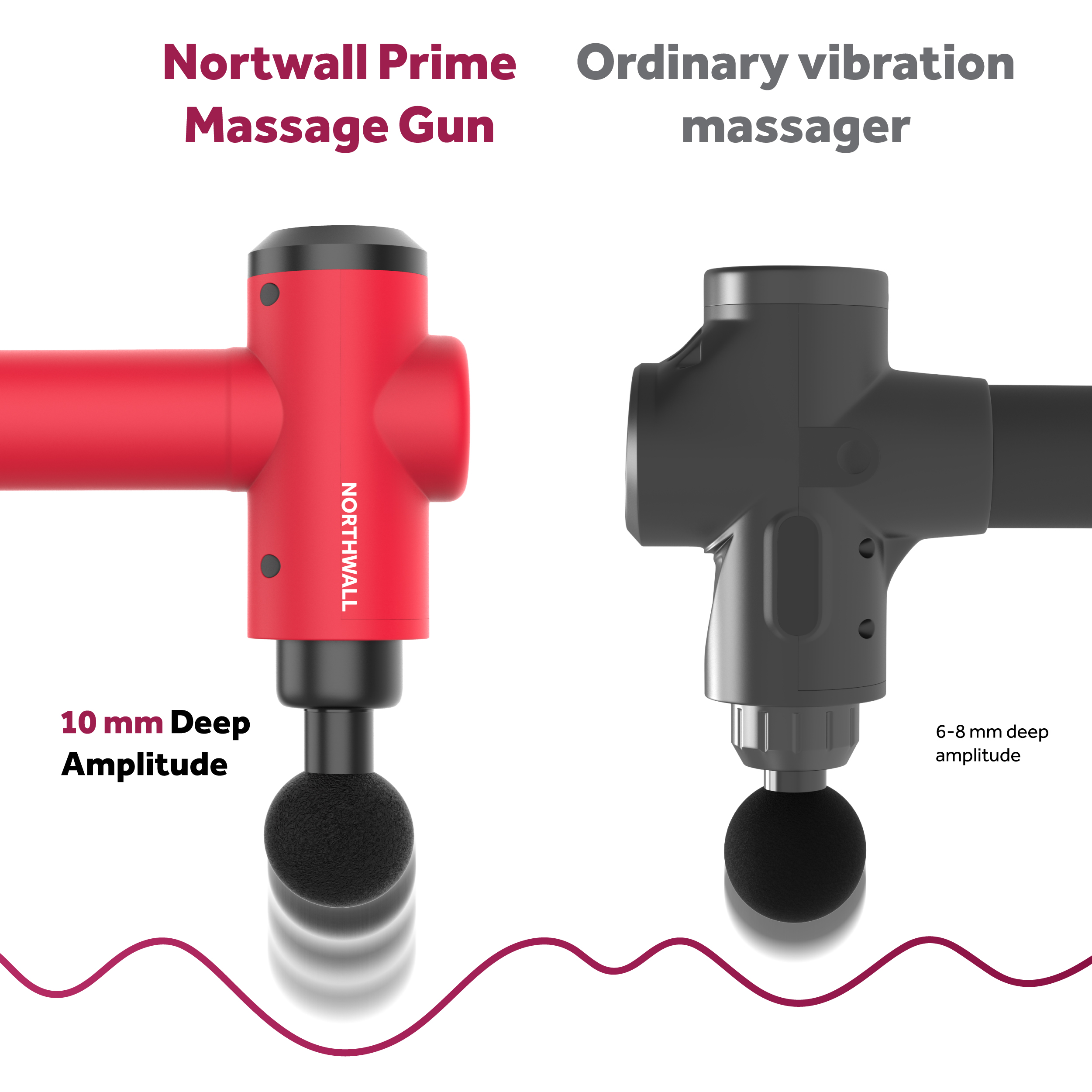Zwei Massagepistolen, eine rote und eine schwarze. Rot liest 10 mm tiefe Amplitude. Schwarz liest 6-8 mm.