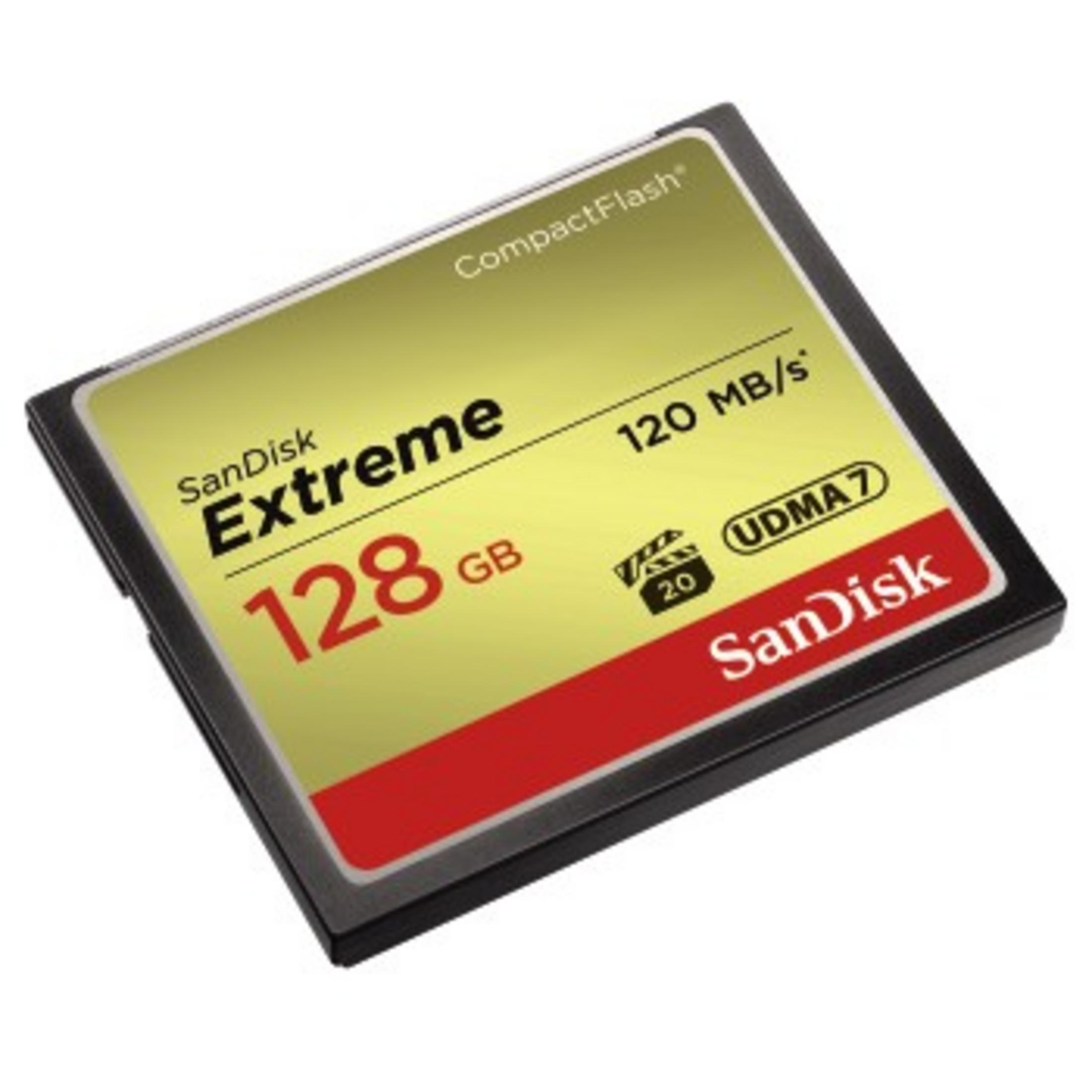 SanDisk Extreme CompactFlash-Karte mit 128 GB Speicher und 120 MB/s Geschwindigkeit.