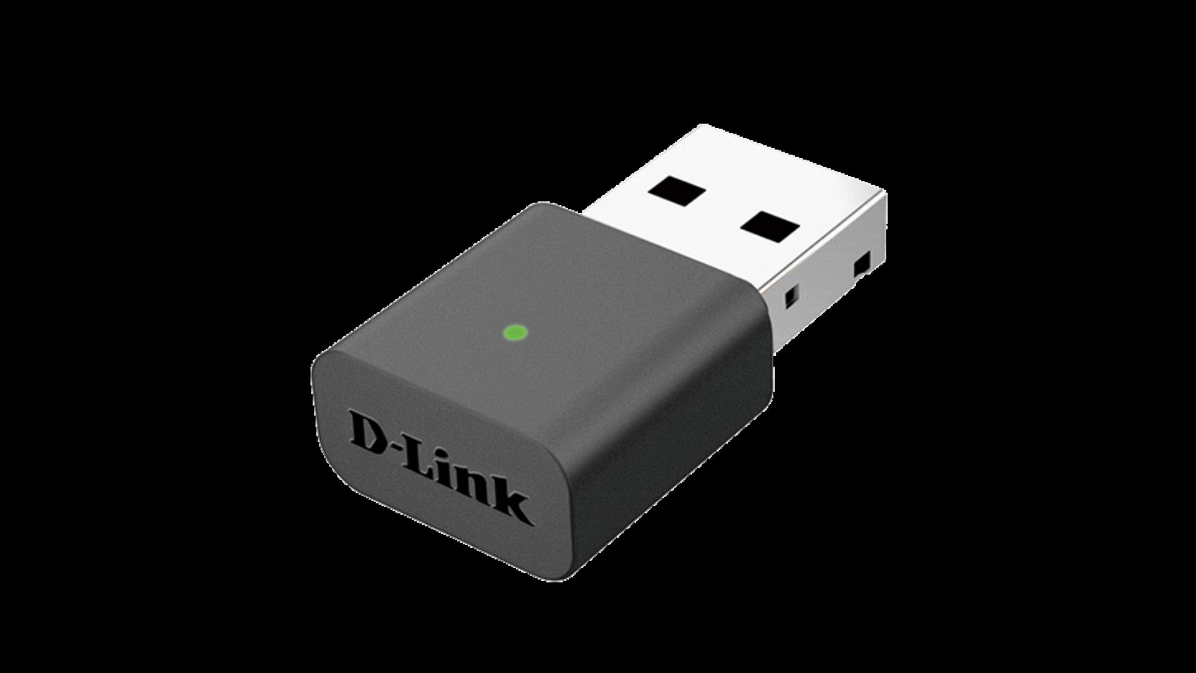Ein D-Link USB-Netzwerkadapter, dunkelgrau mit grüner Kontrollleuchte, vor schwarzem Hintergrund.