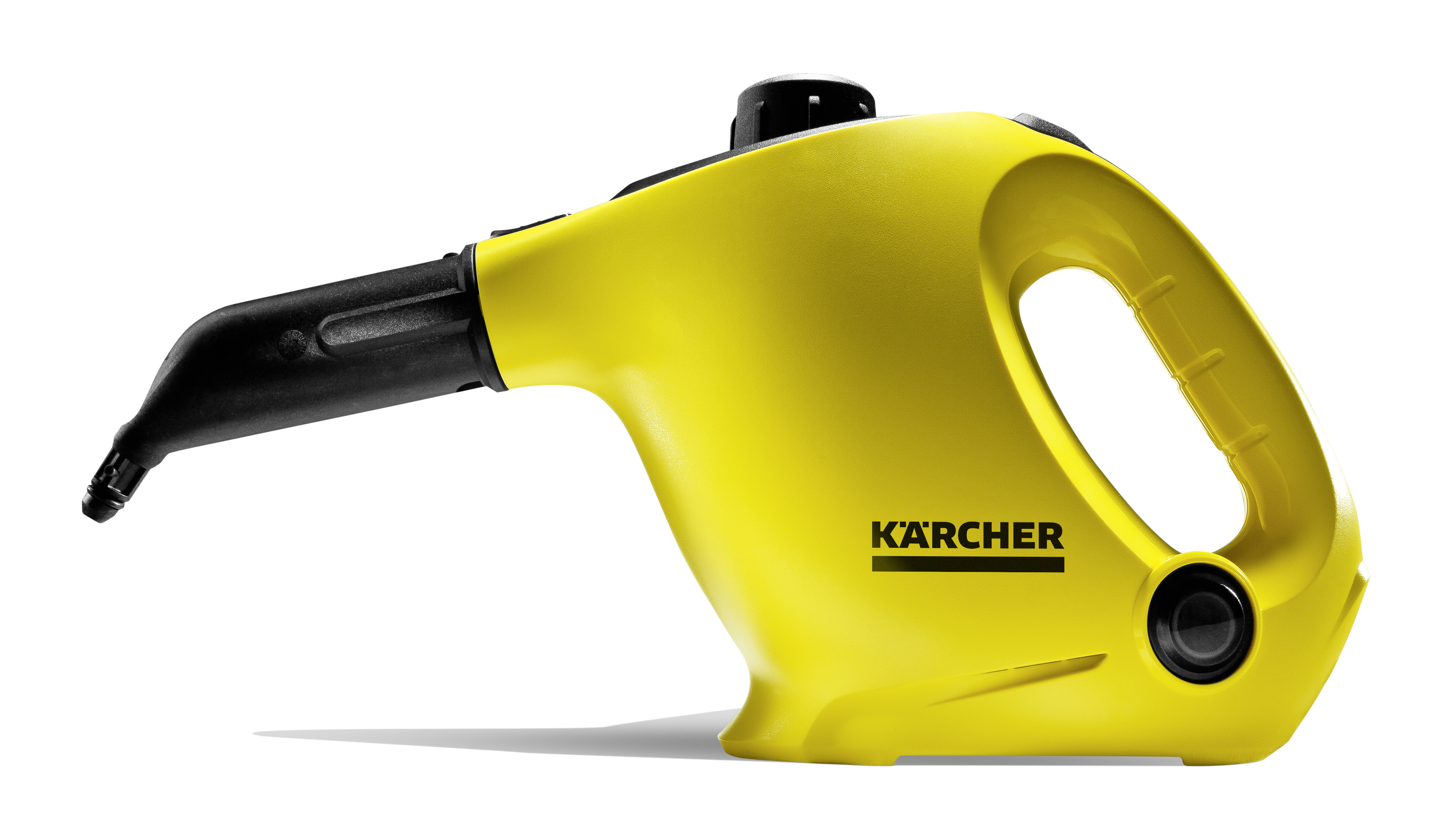 Siyah saplı, nozüllü ve güç düğmeli sarı bir Karcher buharlı temizleyici, beyaz bir arka plan üzerinde.