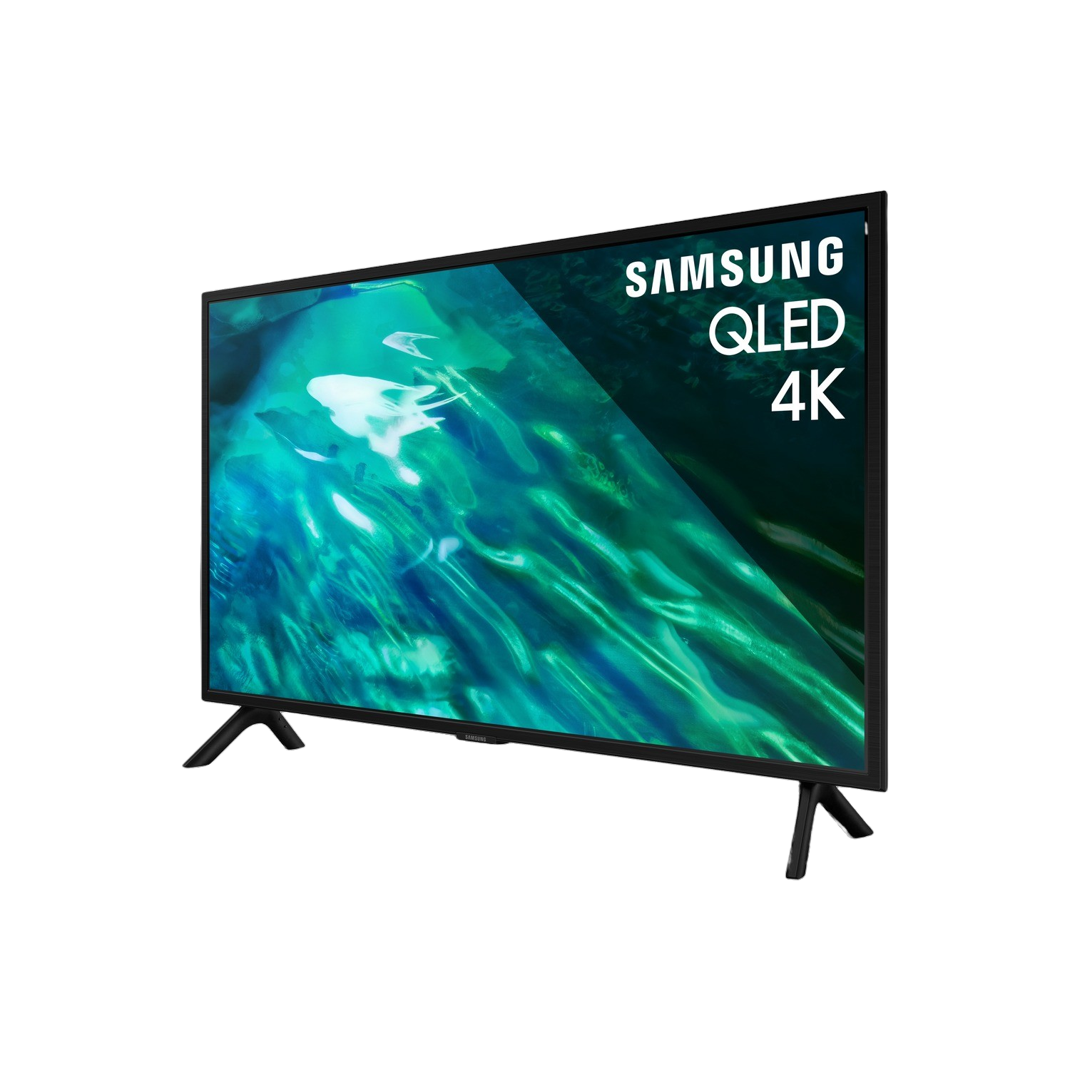 Telewizor Samsung QLED 4K na czarnym tle. Ekran wyświetla zielony i niebieski obraz.