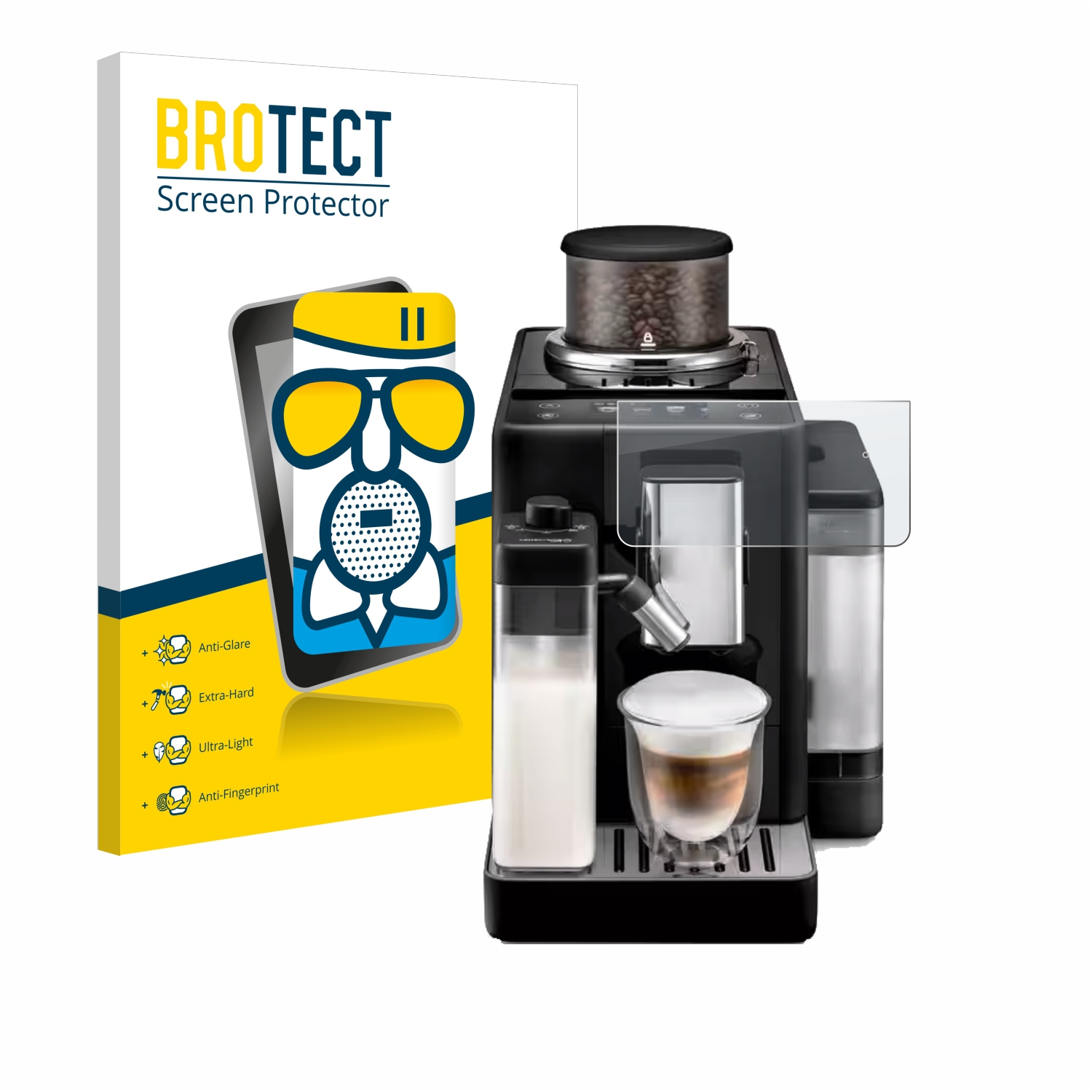 Eine schwarze Kaffeemaschine mit Displayschutzfolie und einer Schachtel mit Handybild.