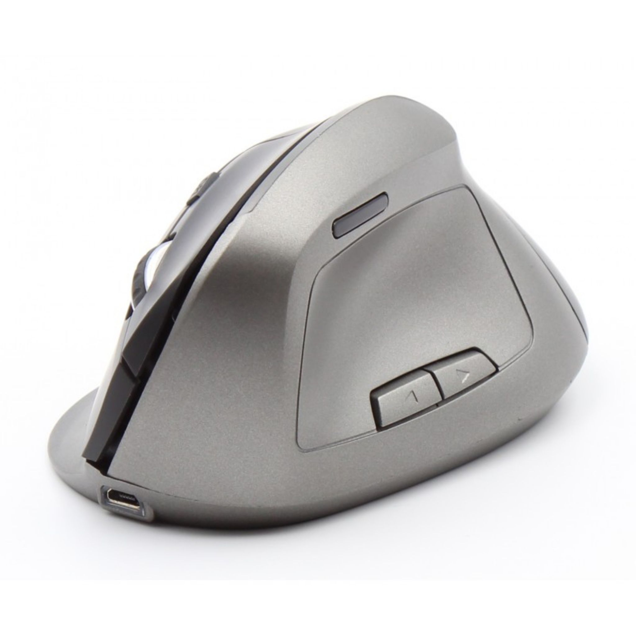 Mouse ergonomico grigio con pulsanti e una porta USB, su bianco.