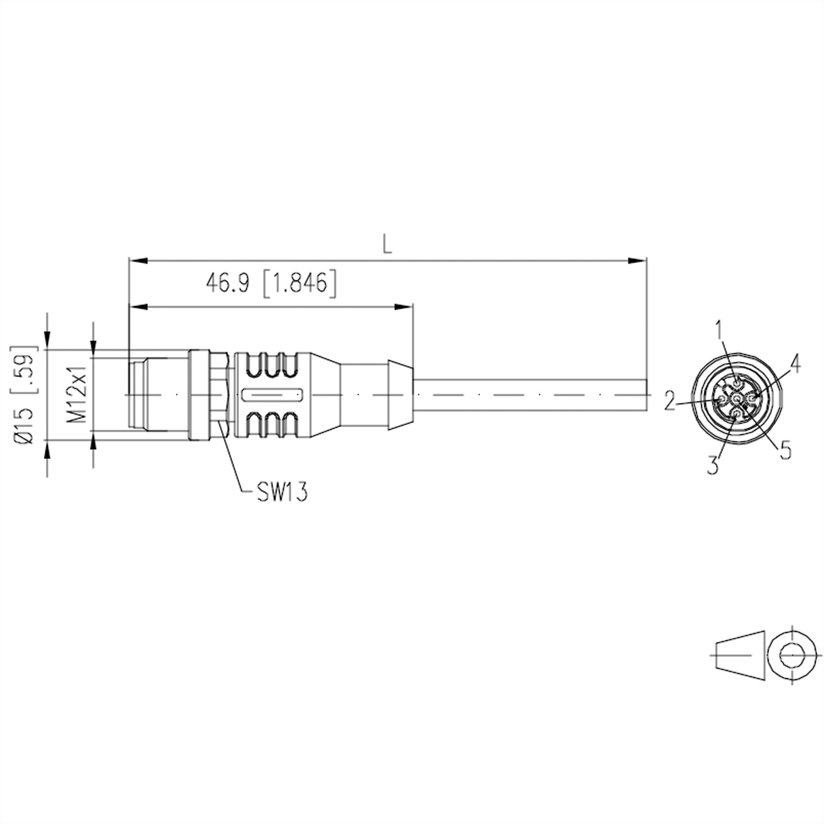 Technische Zeichnung eines Steckers. Zeigt Messungen und Details des Bauteils.