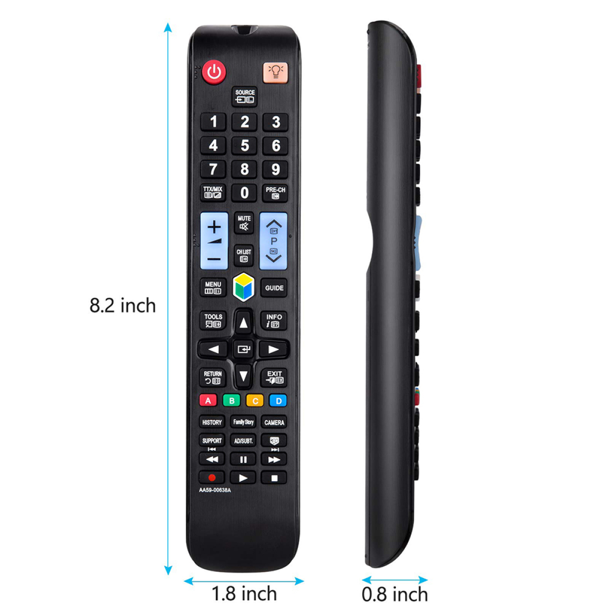 Eine schwarze Fernbedienung mit mehreren Tasten. Die Abmessungen betragen 8,2 Zoll lang, 1,8 Zoll breit, 0,8 Zoll dick.