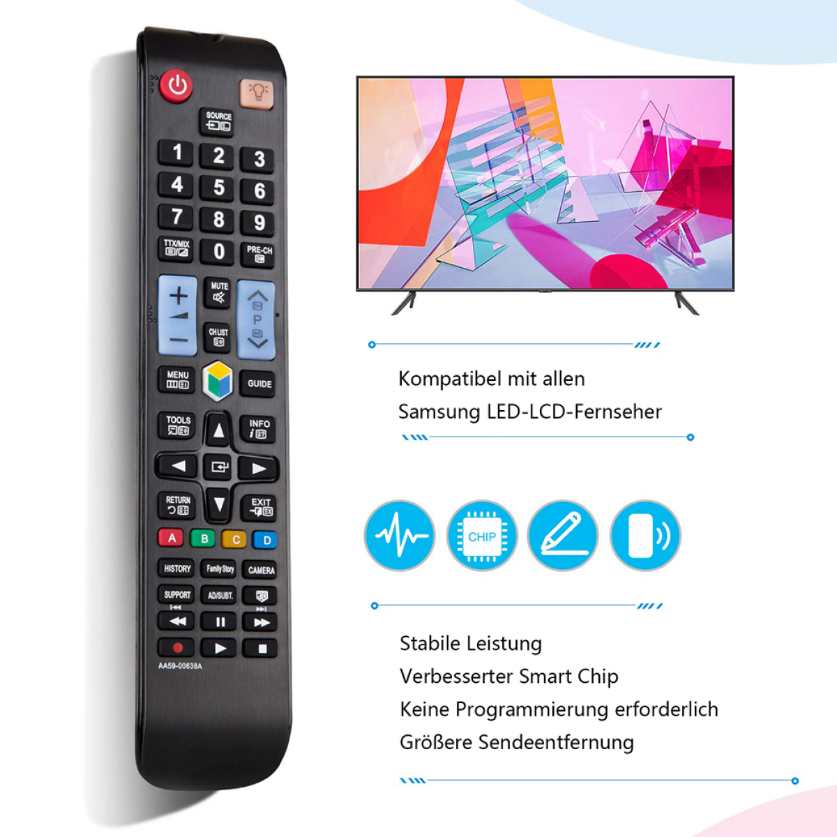 Schwarze TV-Fernbedienung mit Knöpfen und Symbolen.
