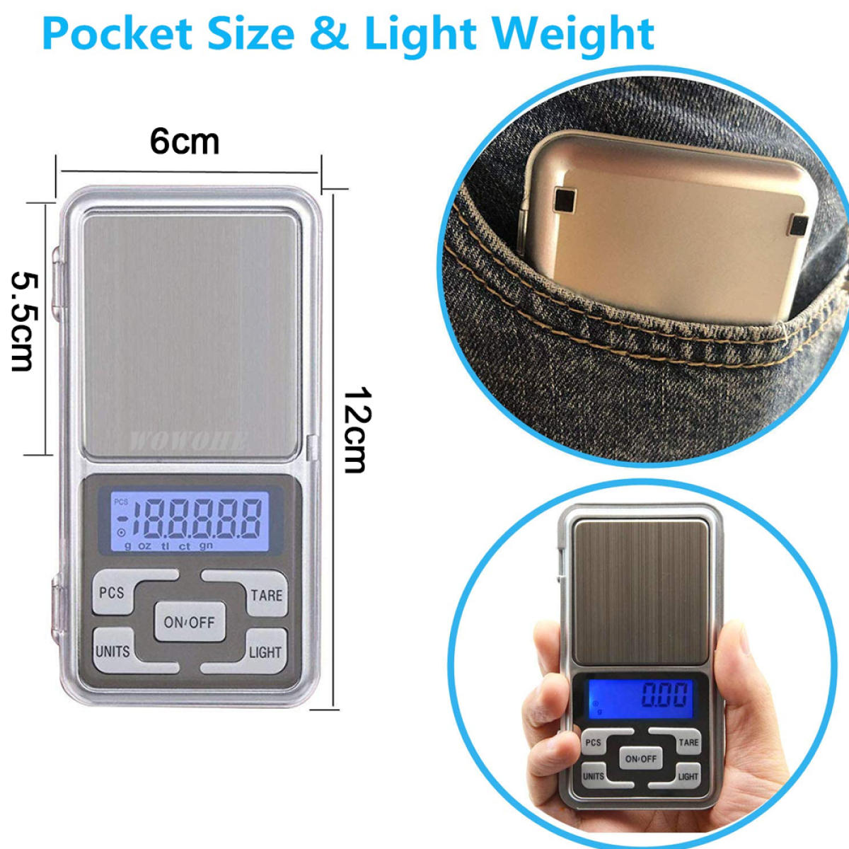 Kleine digitale Taschenwaage mit 188,888. Maße: 12 cm hoch, 6 cm breit, 5,5 cm dick. In einer Tasche.