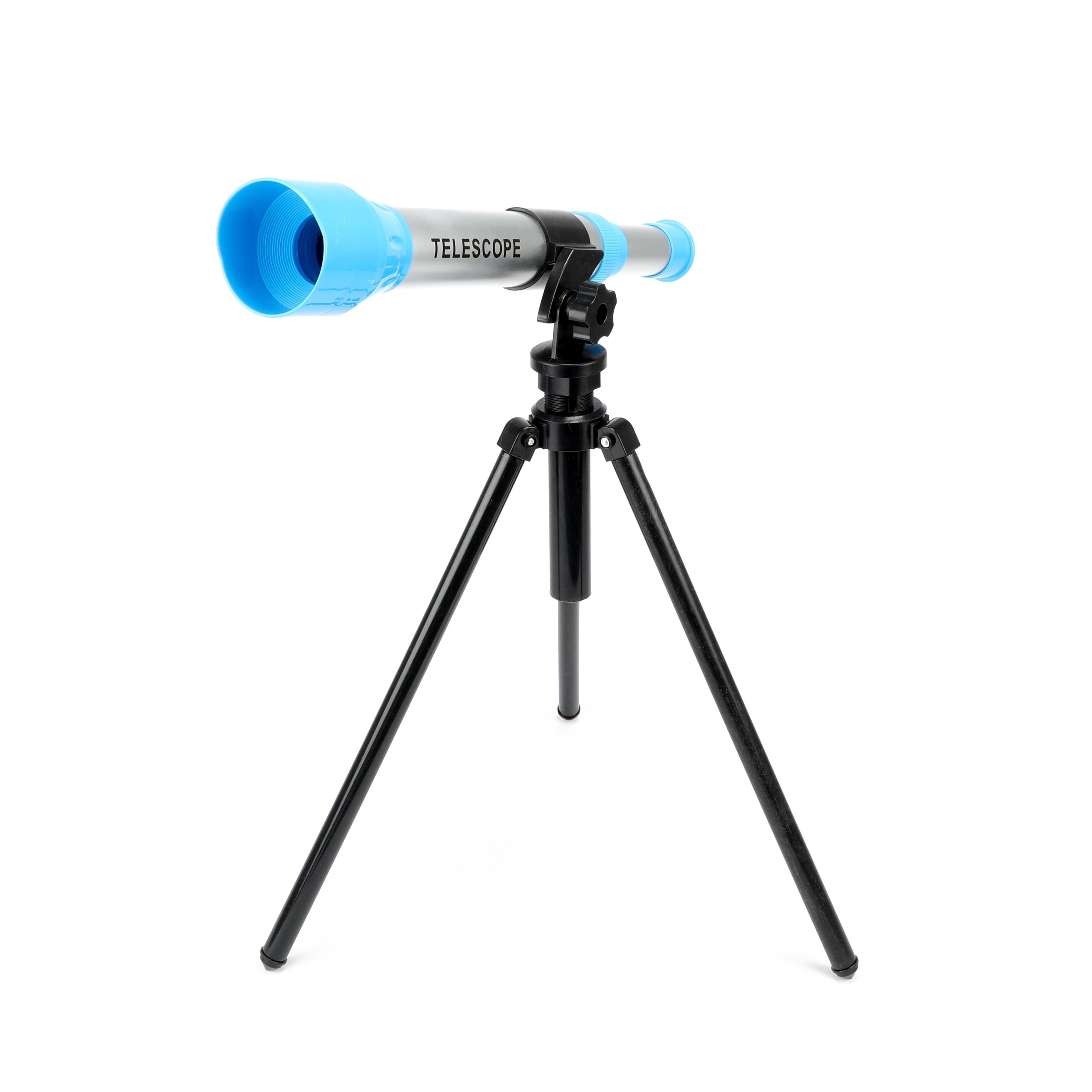 Teleskop auf einem Stativ. Es ist blau, silber und schwarz, isoliert auf weißem Grund.